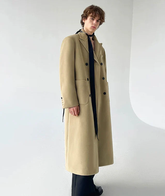 Boxy Double-Breasted Wide Lapel Long Overcoat - Image 5