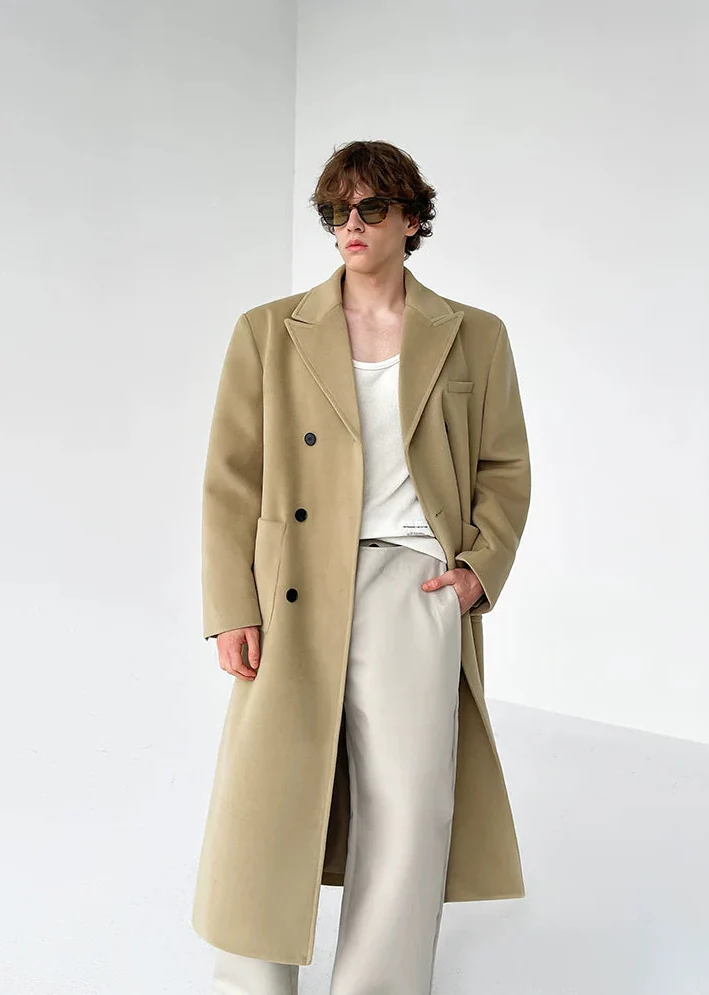 Boxy Double-Breasted Wide Lapel Long Overcoat - Image 8