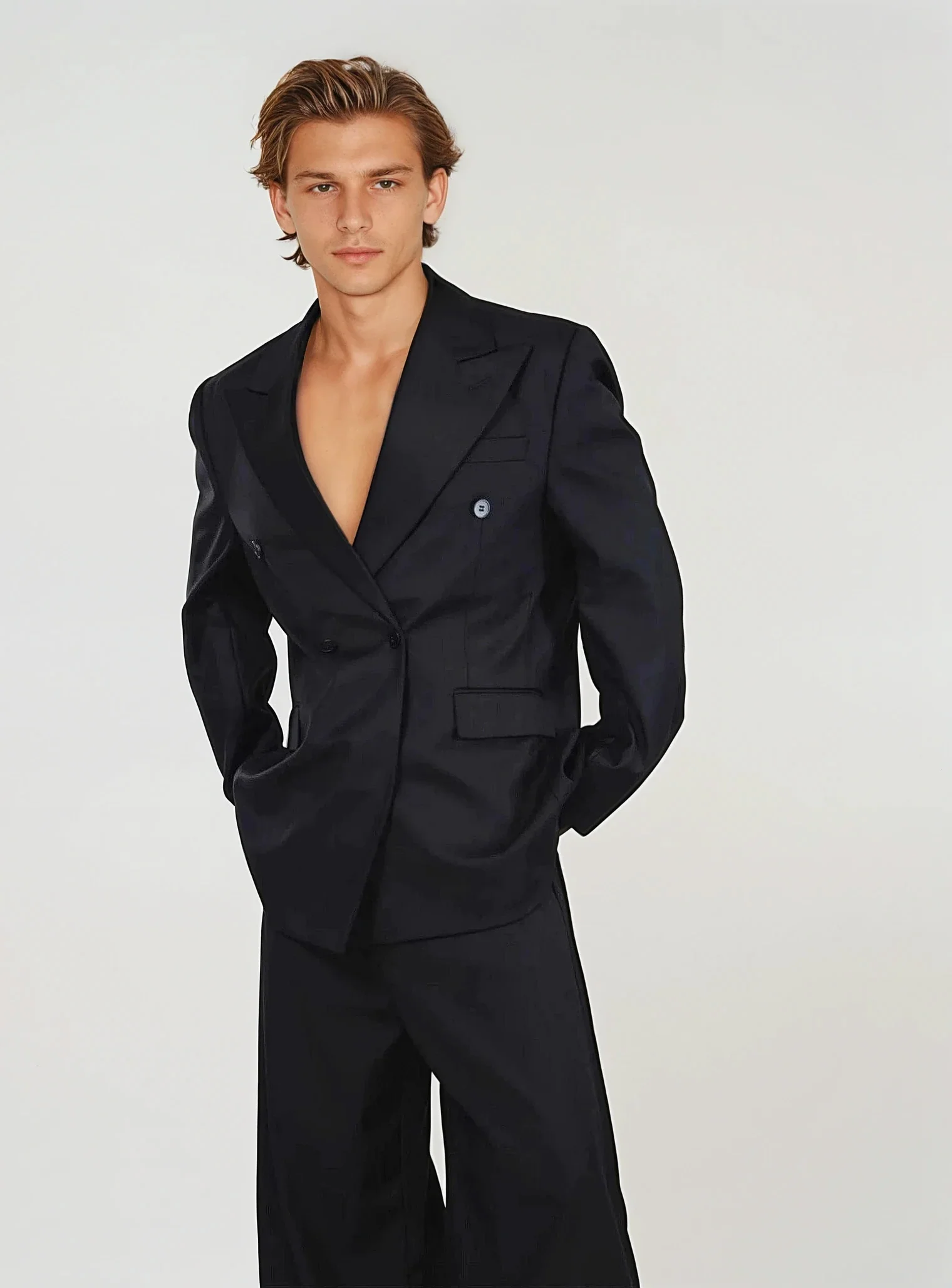 Boxy Double-Breasted Blazer with Peak Lapel and Wide Leg Trousers Two-Piece Set - Image 6