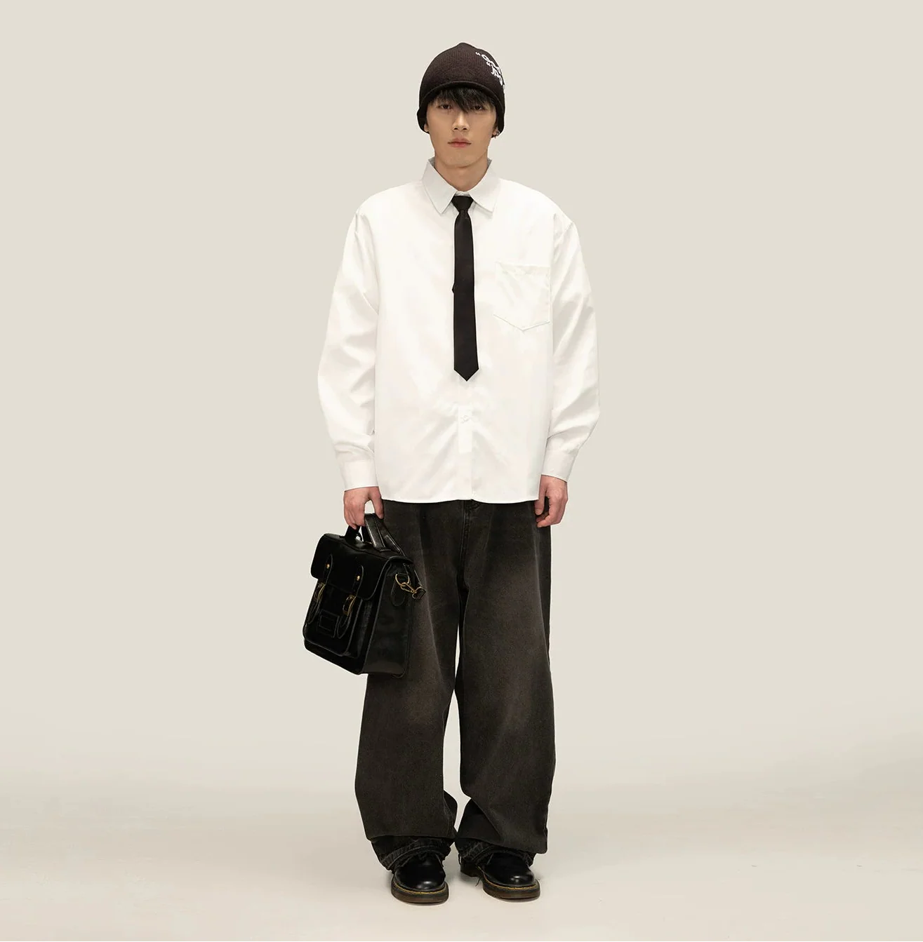 Boxy Long Sleeve Button-Up Shirt with Detachable Tie - Image 10