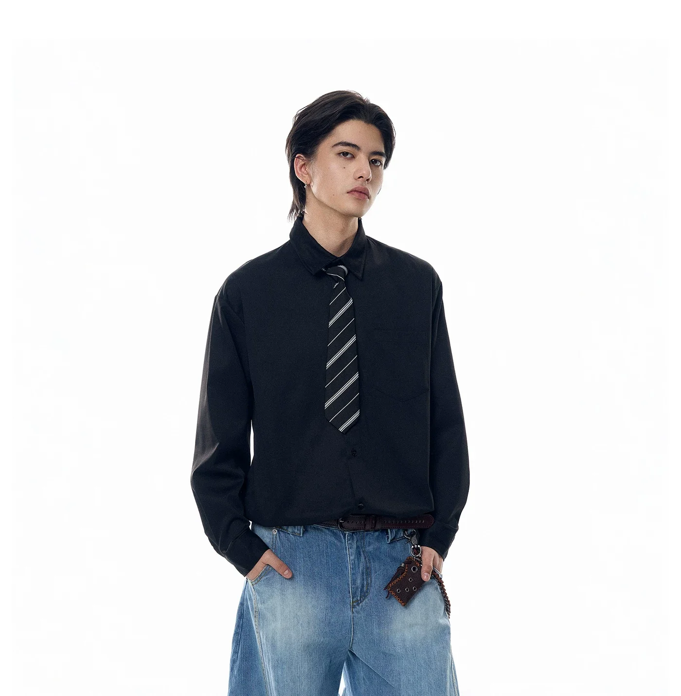 Boxy Long Sleeve Button-Up Shirt with Detachable Tie - Image 2