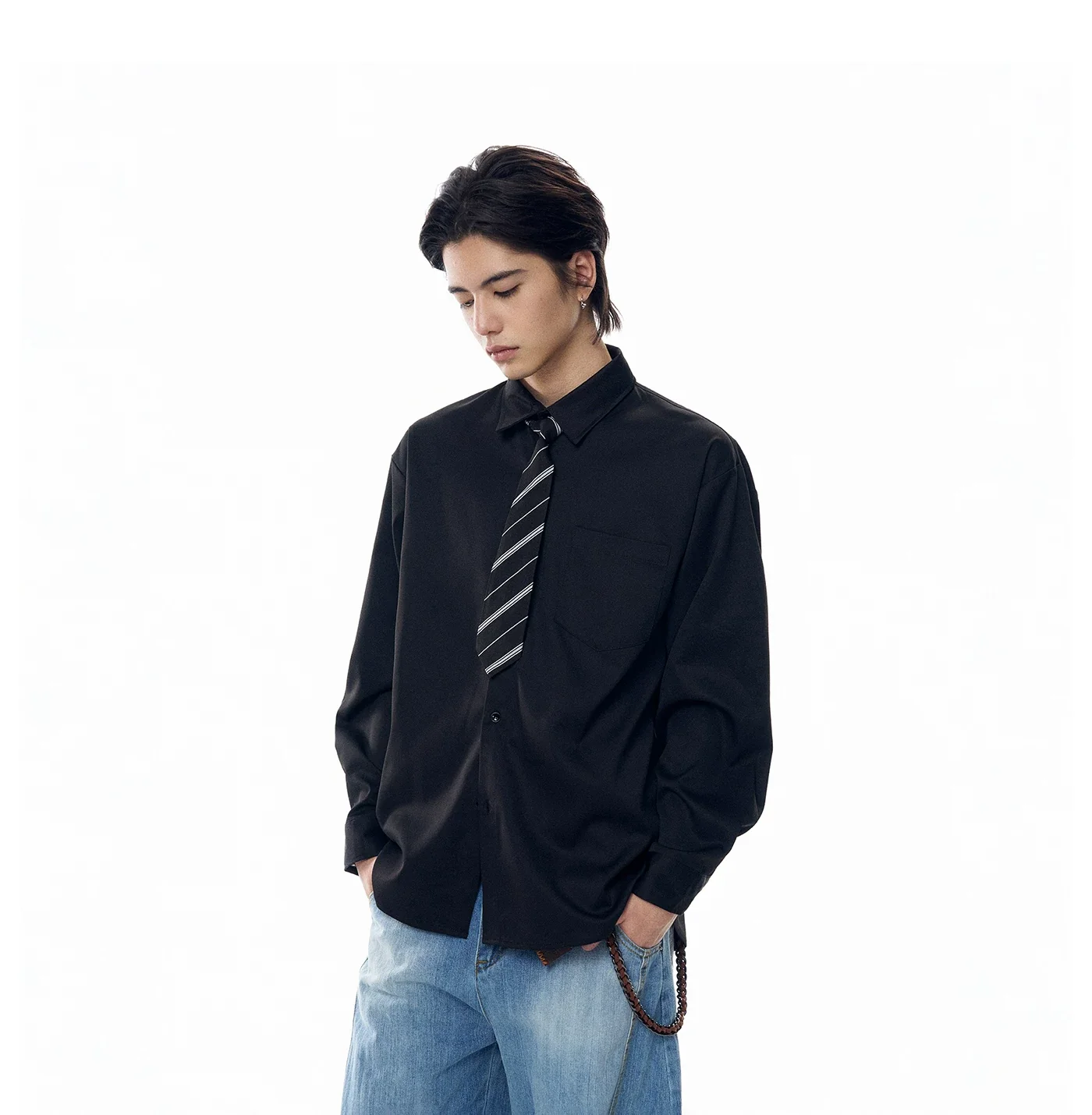 Boxy Long Sleeve Button-Up Shirt with Detachable Tie - Image 3