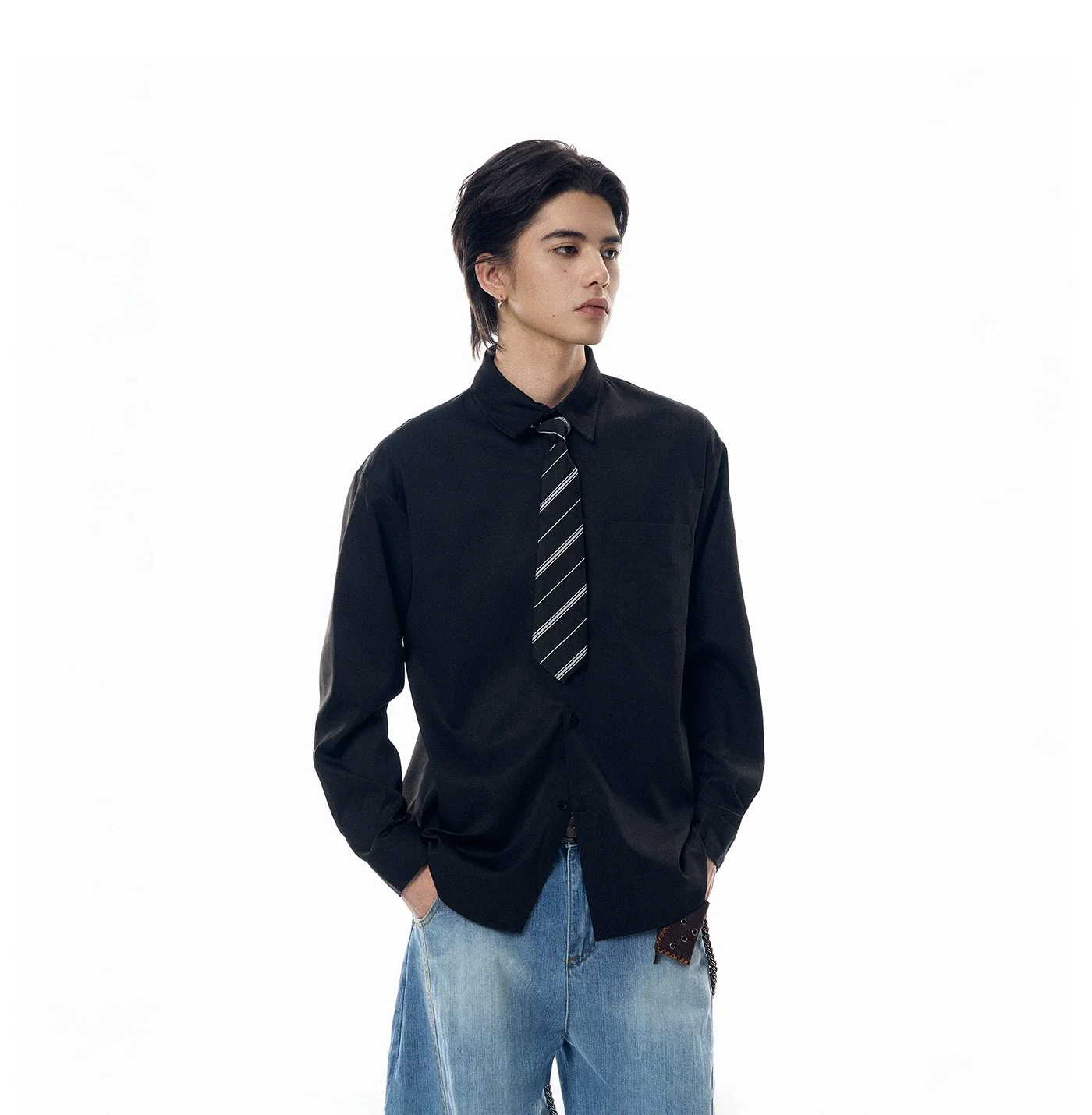 Boxy Long Sleeve Button-Up Shirt with Detachable Tie - Image 4