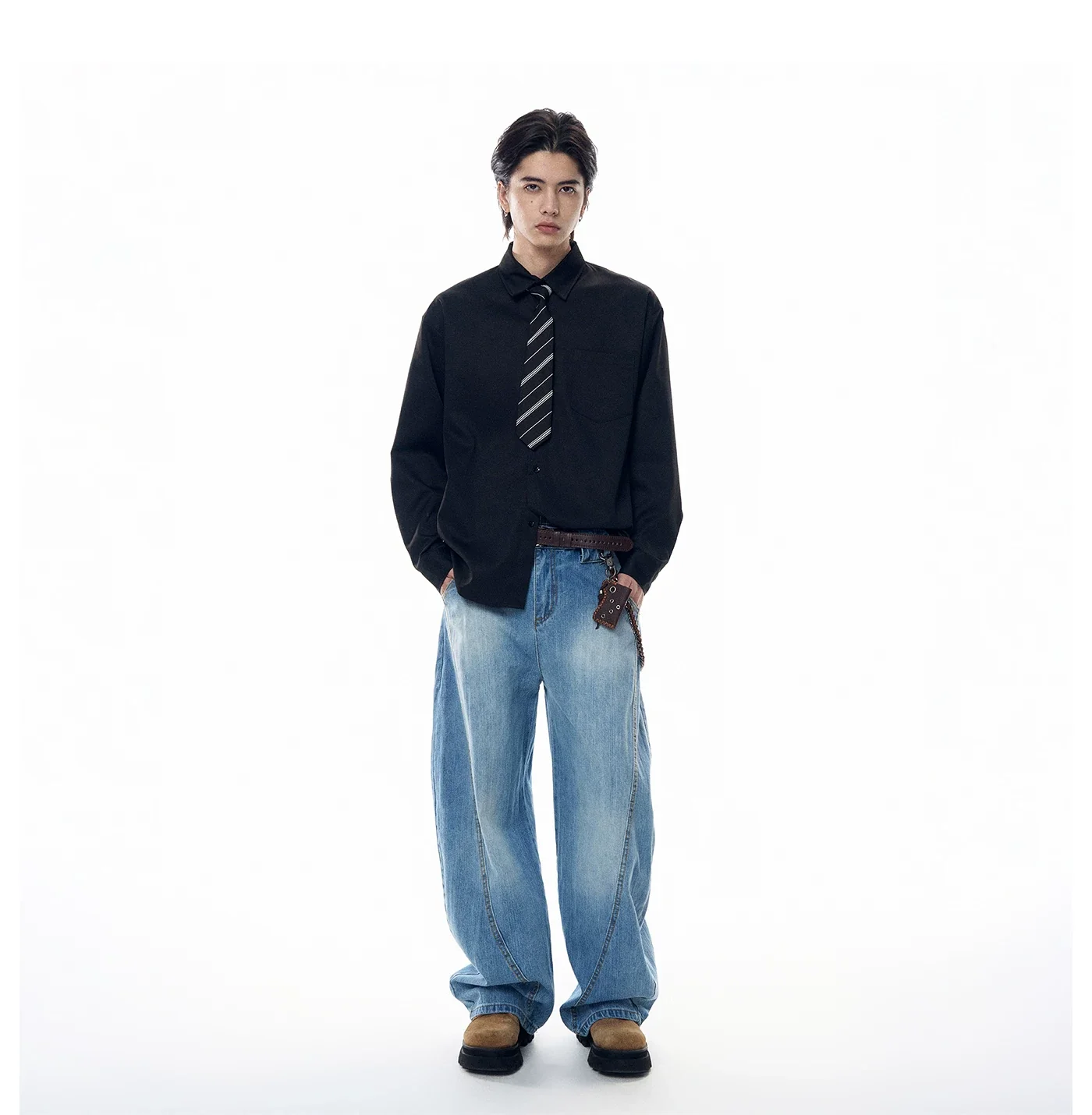 Boxy Long Sleeve Button-Up Shirt with Detachable Tie - Image 5