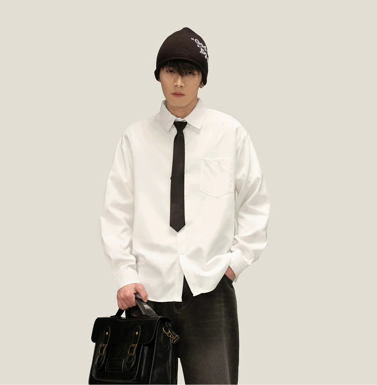 Boxy Long Sleeve Button-Up Shirt with Detachable Tie - Image 6