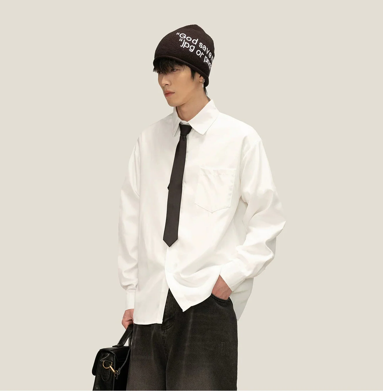 Boxy Long Sleeve Button-Up Shirt with Detachable Tie - Image 7