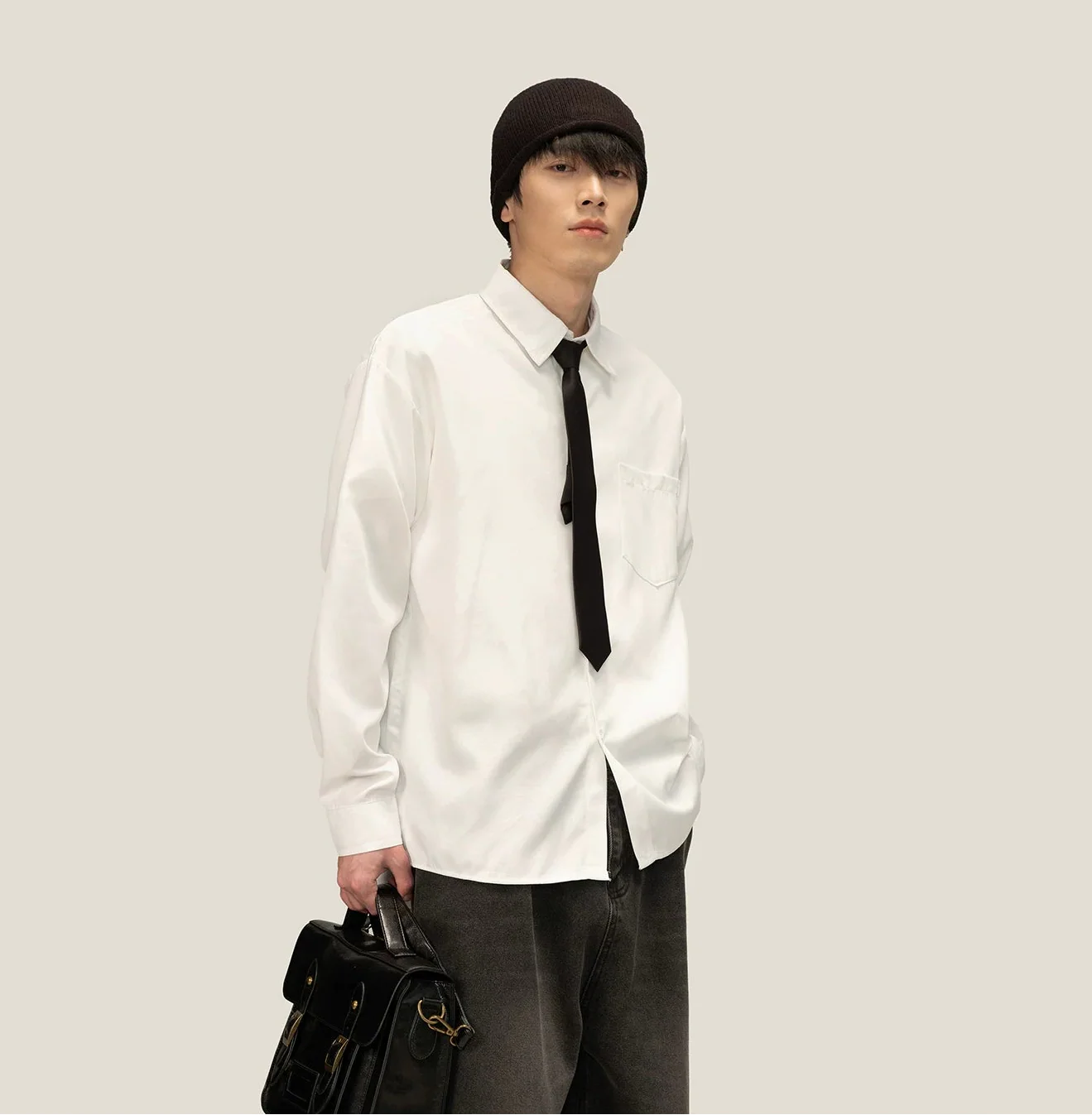 Boxy Long Sleeve Button-Up Shirt with Detachable Tie - Image 8