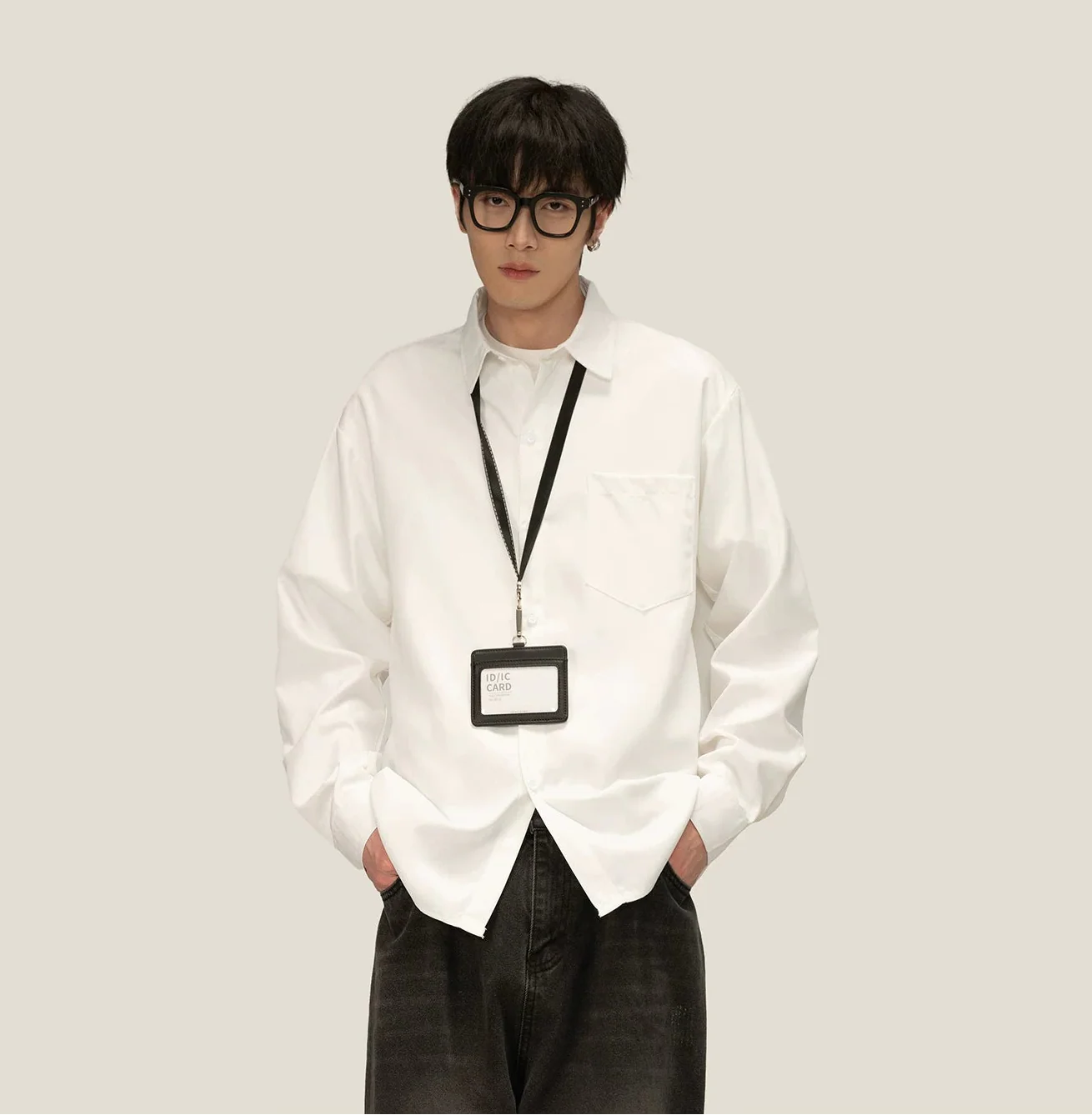 Boxy Long Sleeve Button-Up Shirt with Detachable Tie - Image 9