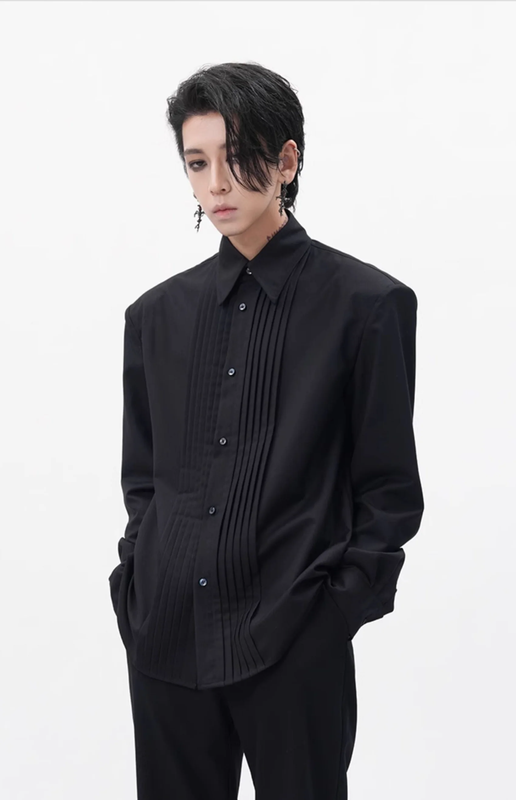 Boxy Pleated Front Pointed Collar Tuxedo Shirt - Image 13