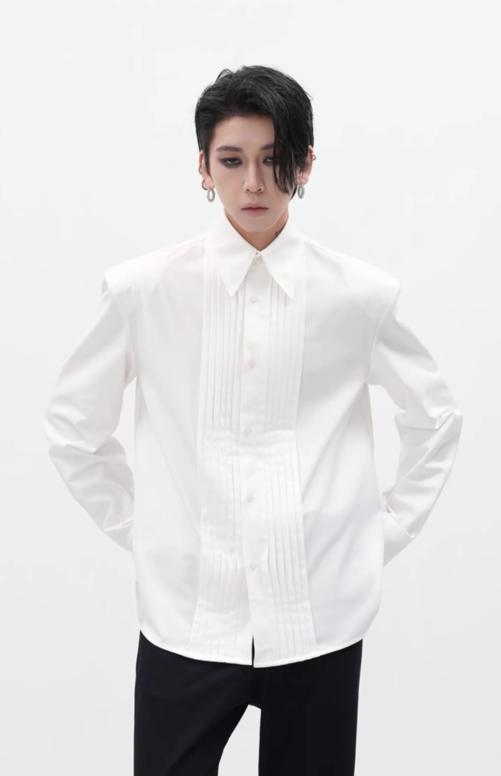 Boxy Pleated Front Pointed Collar Tuxedo Shirt - Image 2