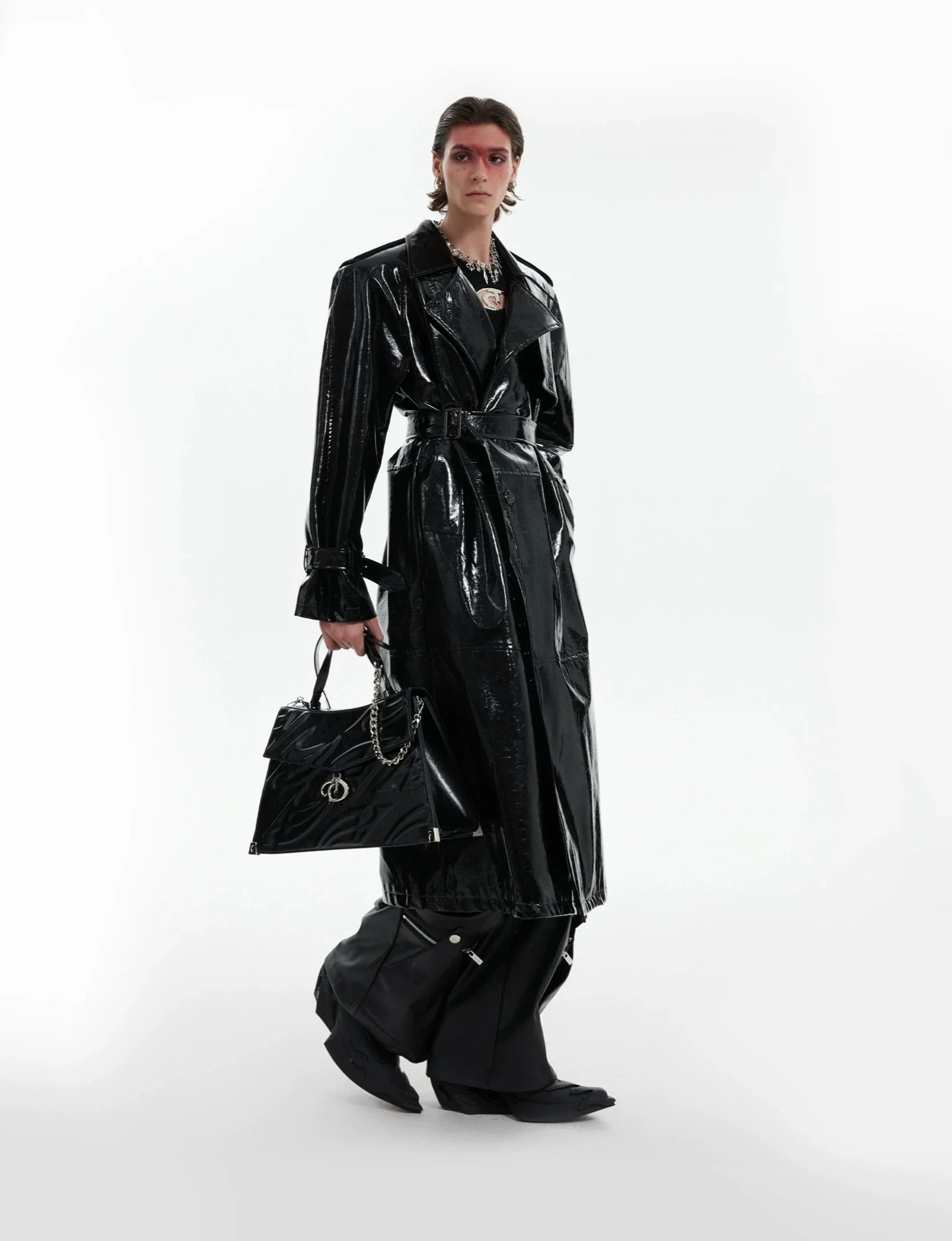 Boxy Vinyl Double Breasted Trench Coat with Belt - Image 3