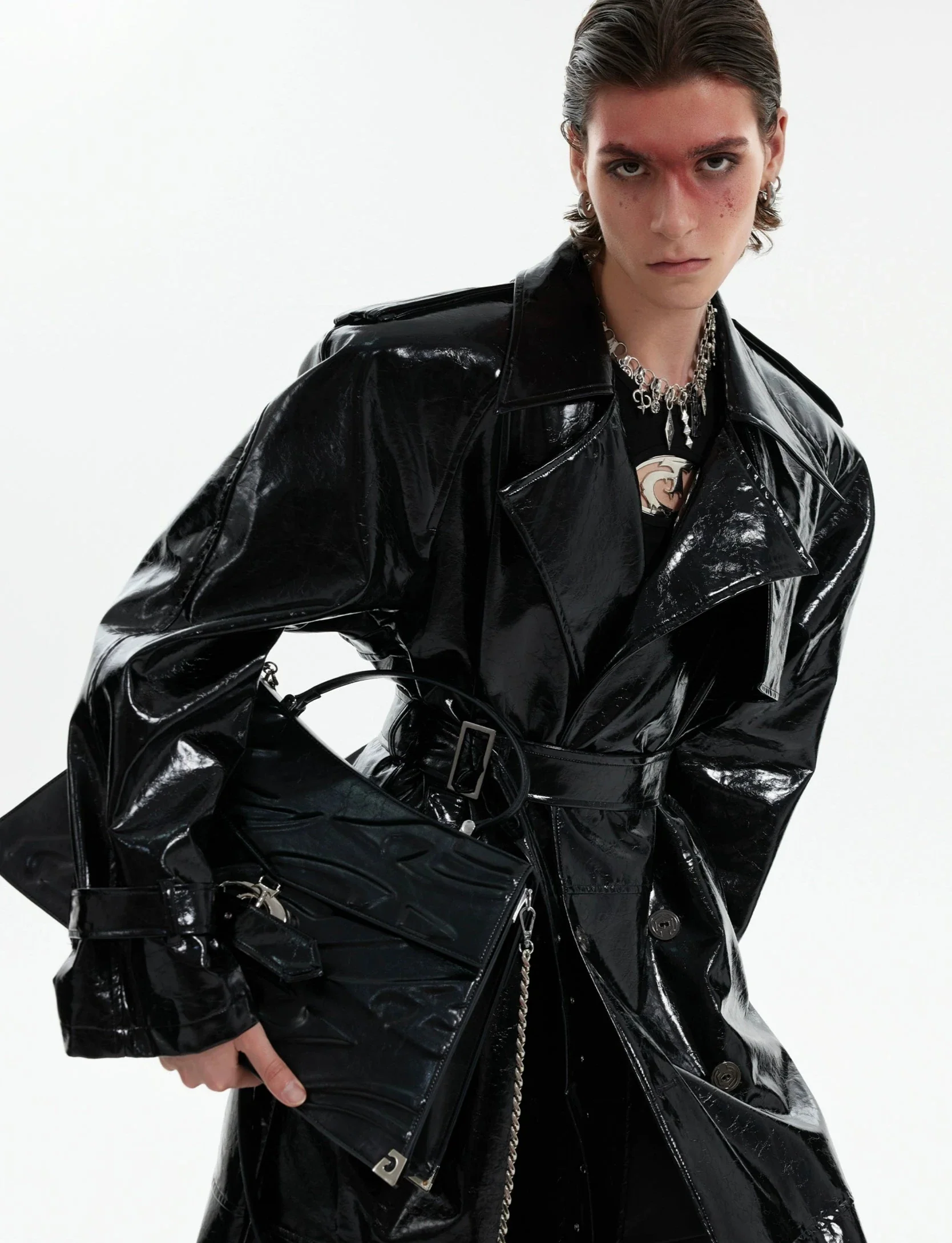 Boxy Vinyl Double Breasted Trench Coat with Belt - Image 6