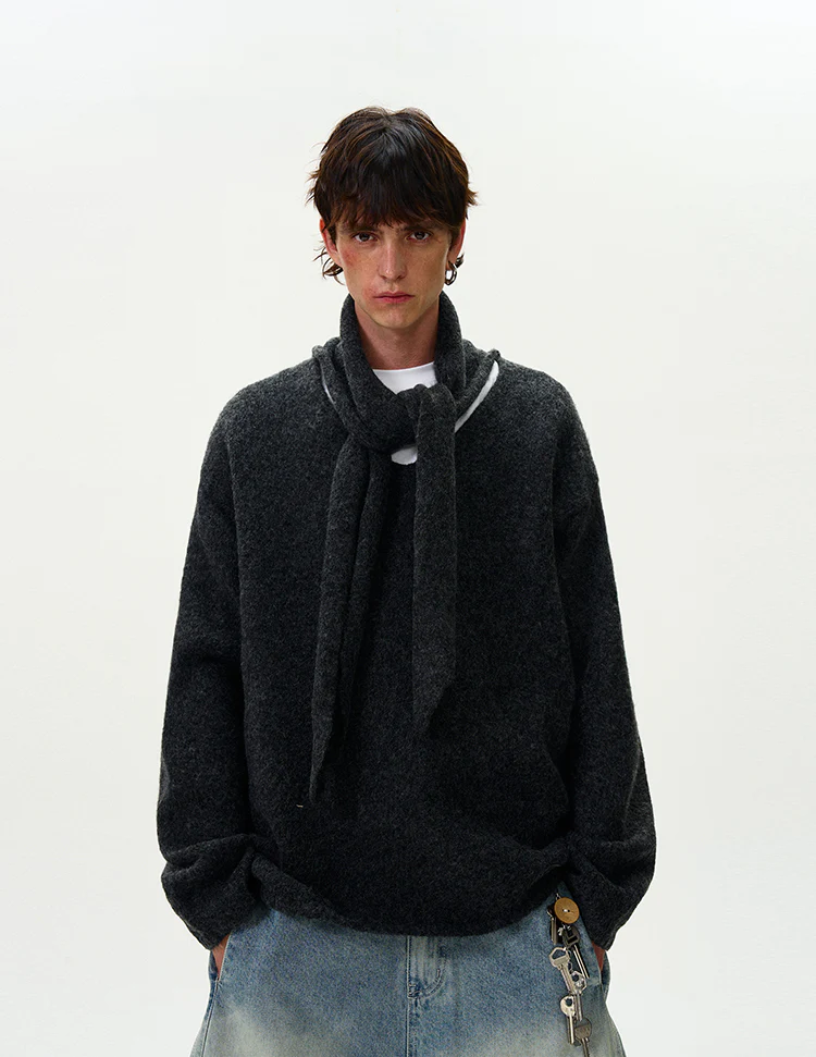 Brushed Knit Sweater with Attached Scarf Detail - Image 10