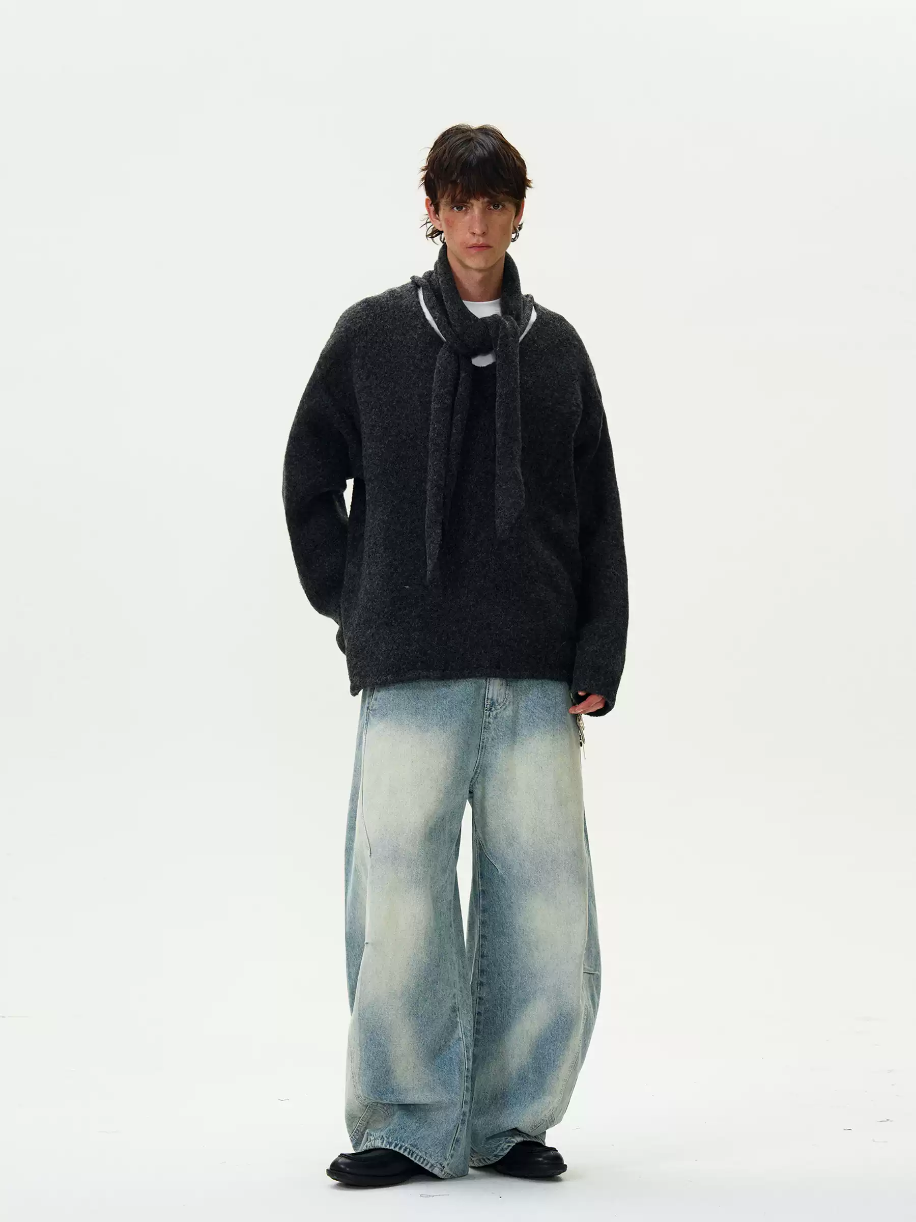 Brushed Knit Sweater with Attached Scarf Detail - Image 14