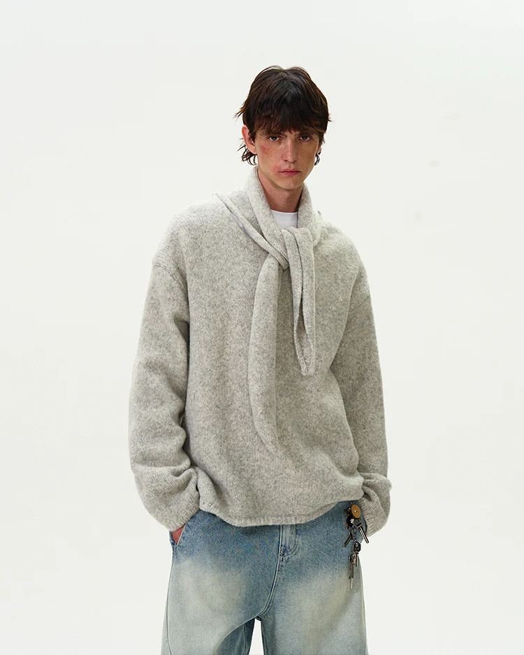 Brushed Knit Sweater with Attached Scarf Detail - Image 3