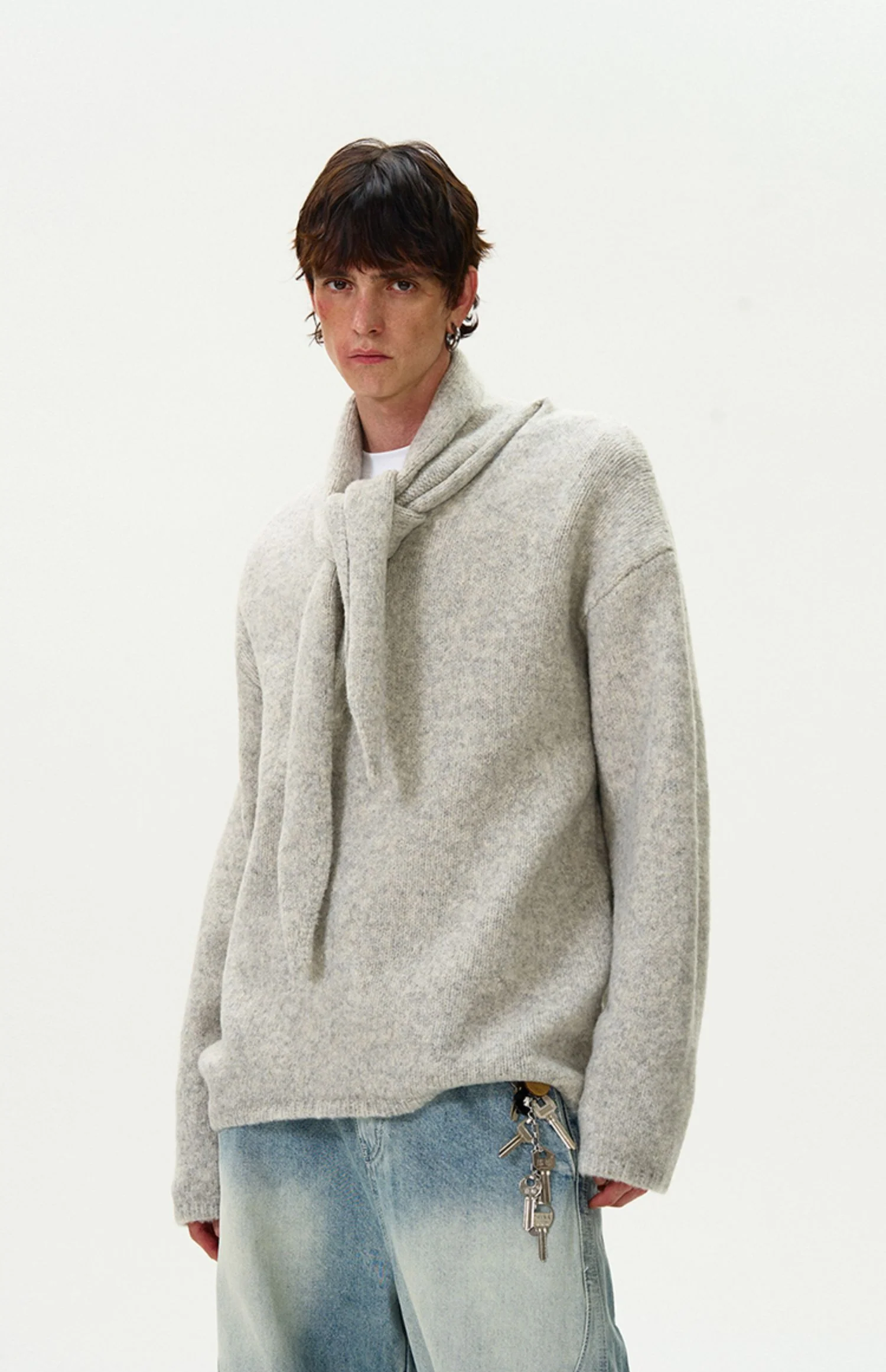 Brushed Knit Sweater with Attached Scarf Detail - Image 4