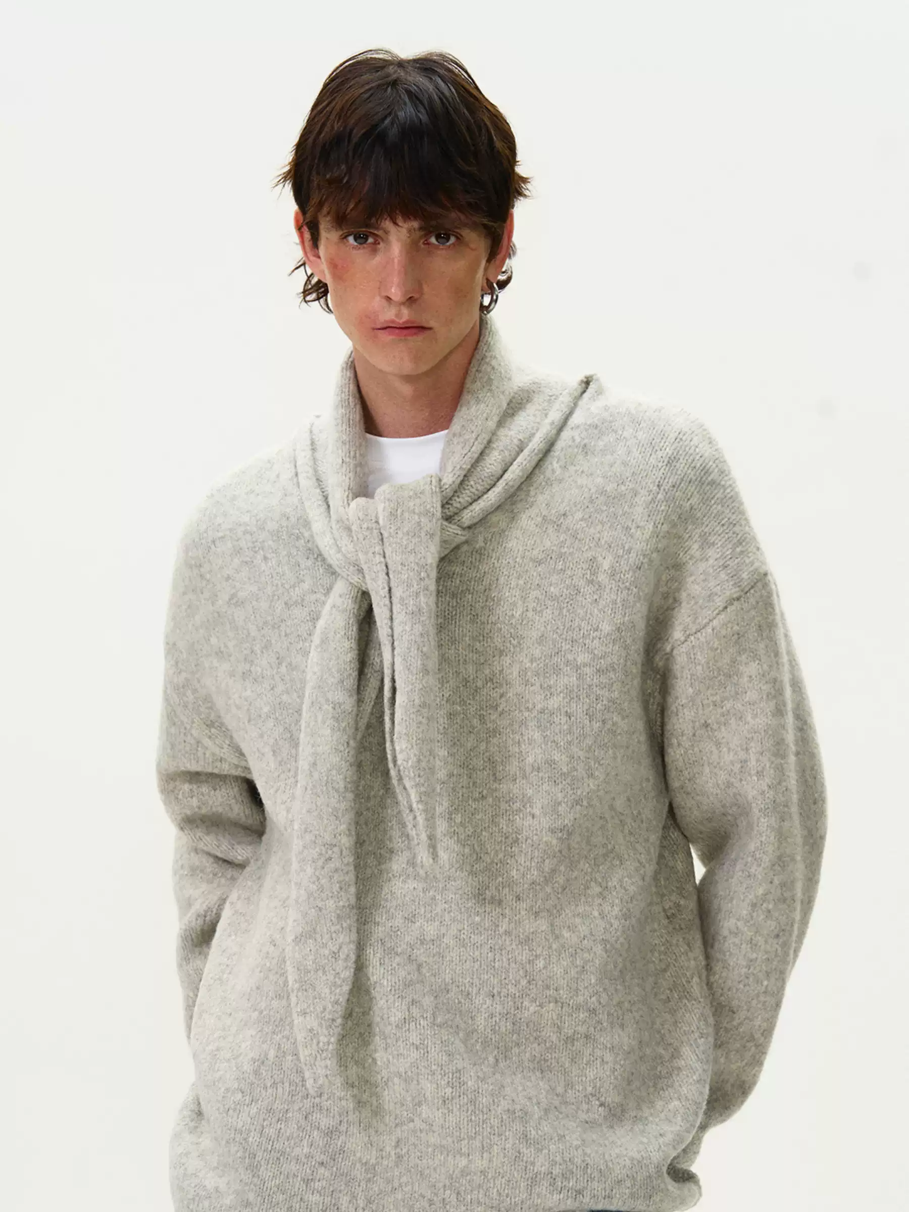 Brushed Knit Sweater with Attached Scarf Detail - Image 6