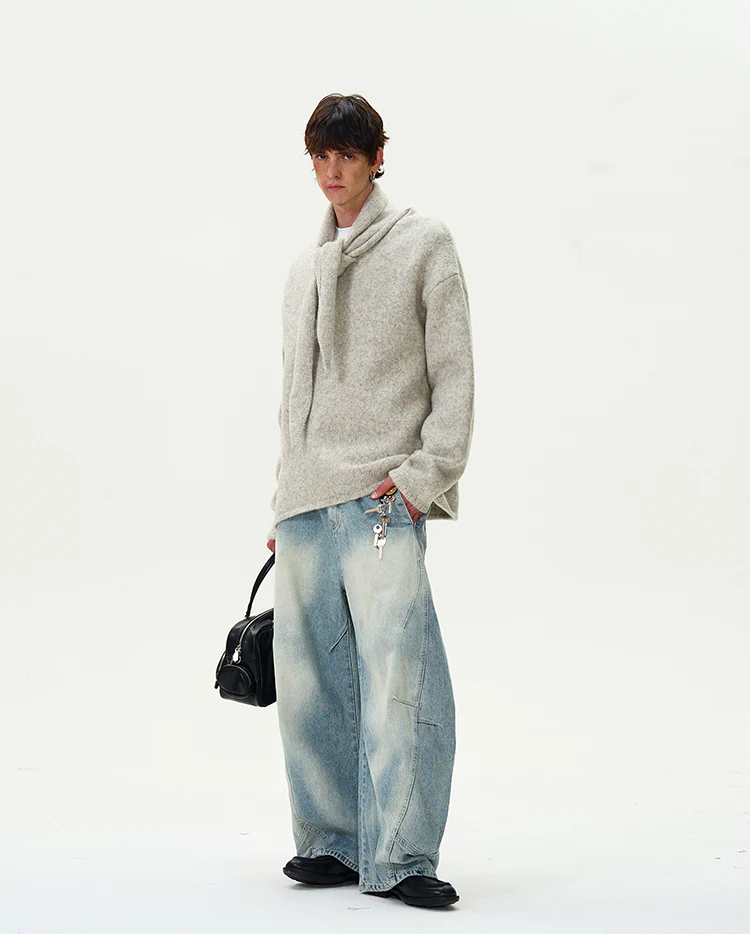 Brushed Knit Sweater with Attached Scarf Detail - Image 9