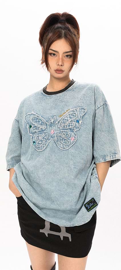 Butterfly Patchwork Oversized T-Shirt - Image 3