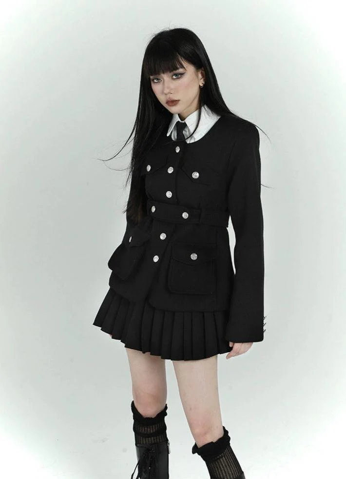 Button Detail Flap Pockets Coat with Belt - Image 2