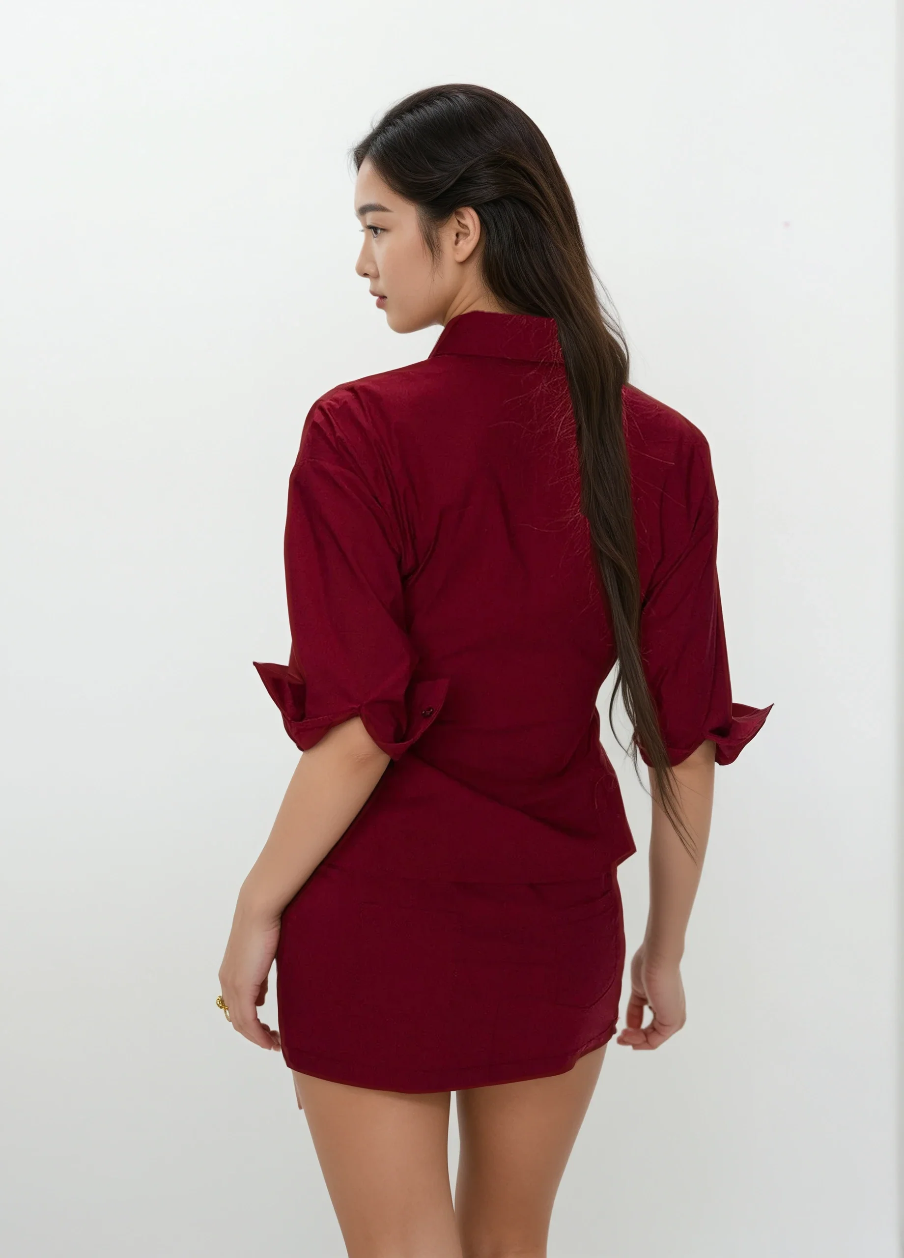 Button-Up 3/4 Sleeve Shirt and Mini Skirt Two-Piece Set - Image 6