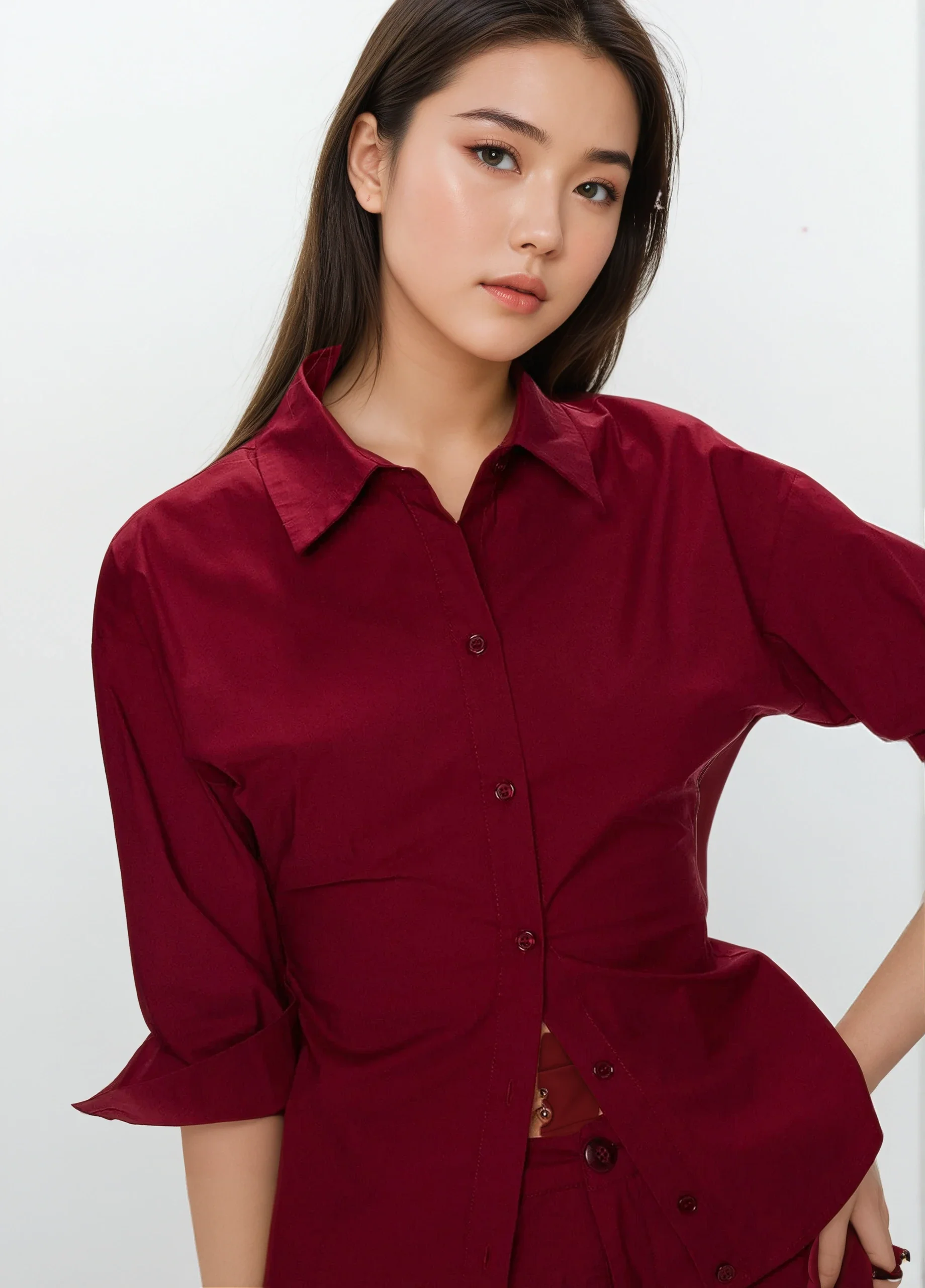 Button-Up 3/4 Sleeve Shirt and Mini Skirt Two-Piece Set - Image 7