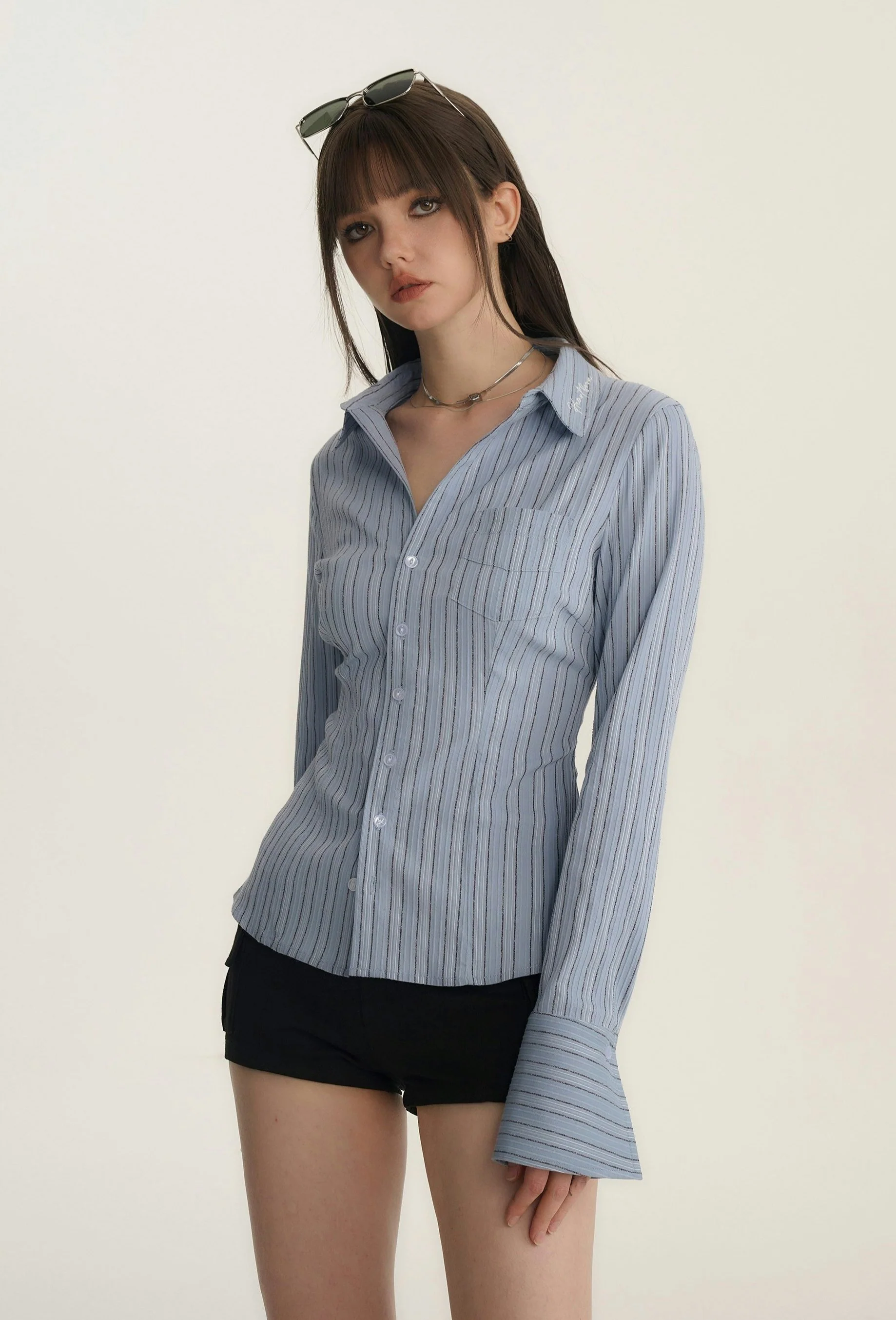 Button-Up Long Sleeve Blouse with Pocket - Image 5