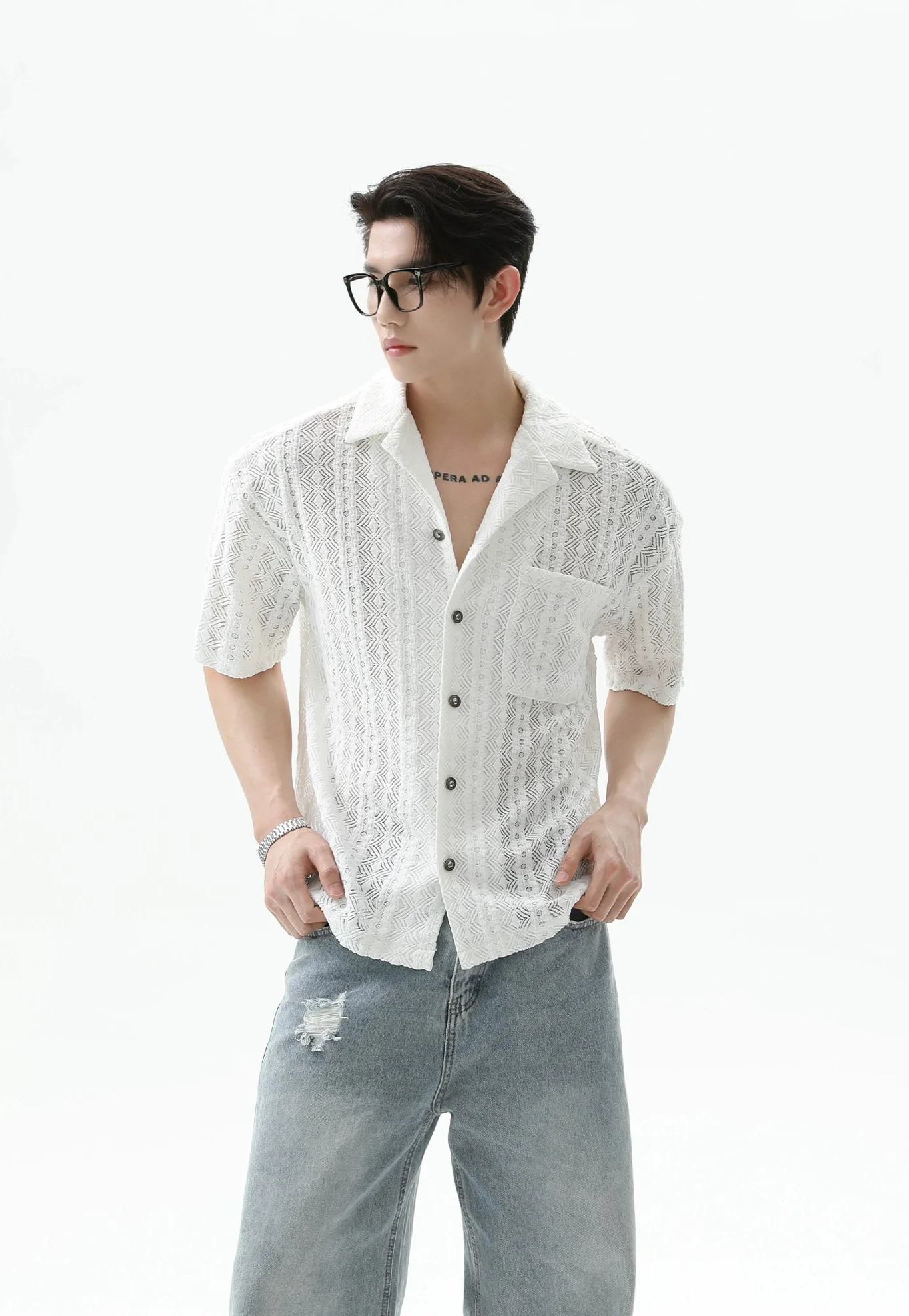 Button-Up Sheer Lace Shirt with Geometric Pattern