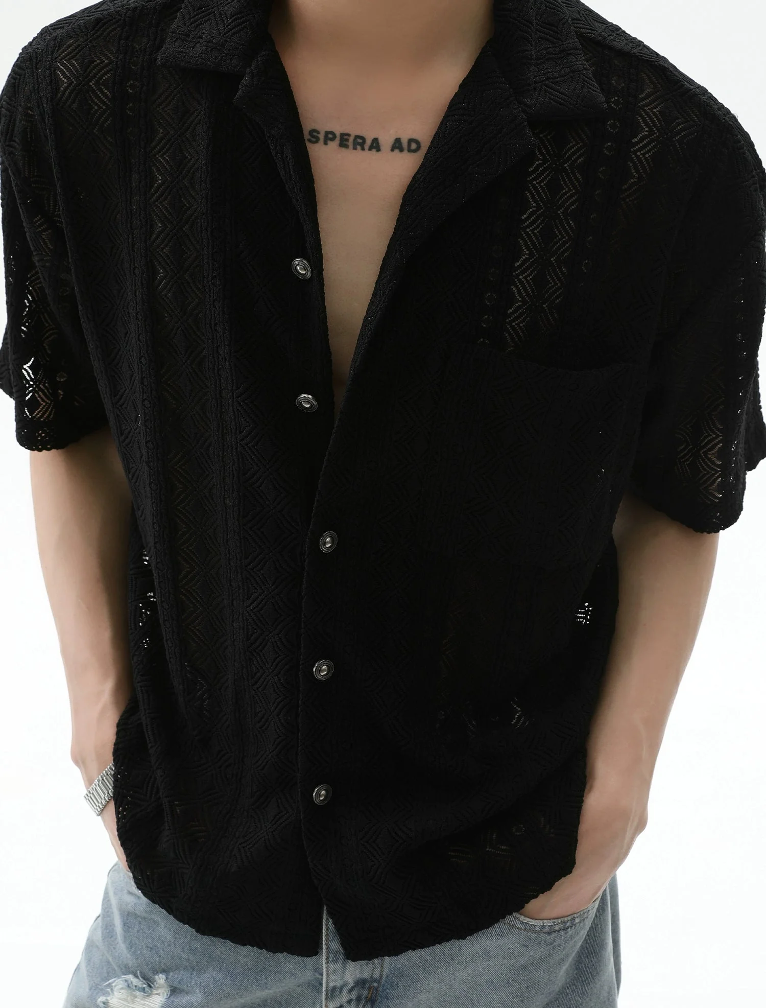 Button-Up Sheer Lace Shirt with Geometric Pattern - Image 10