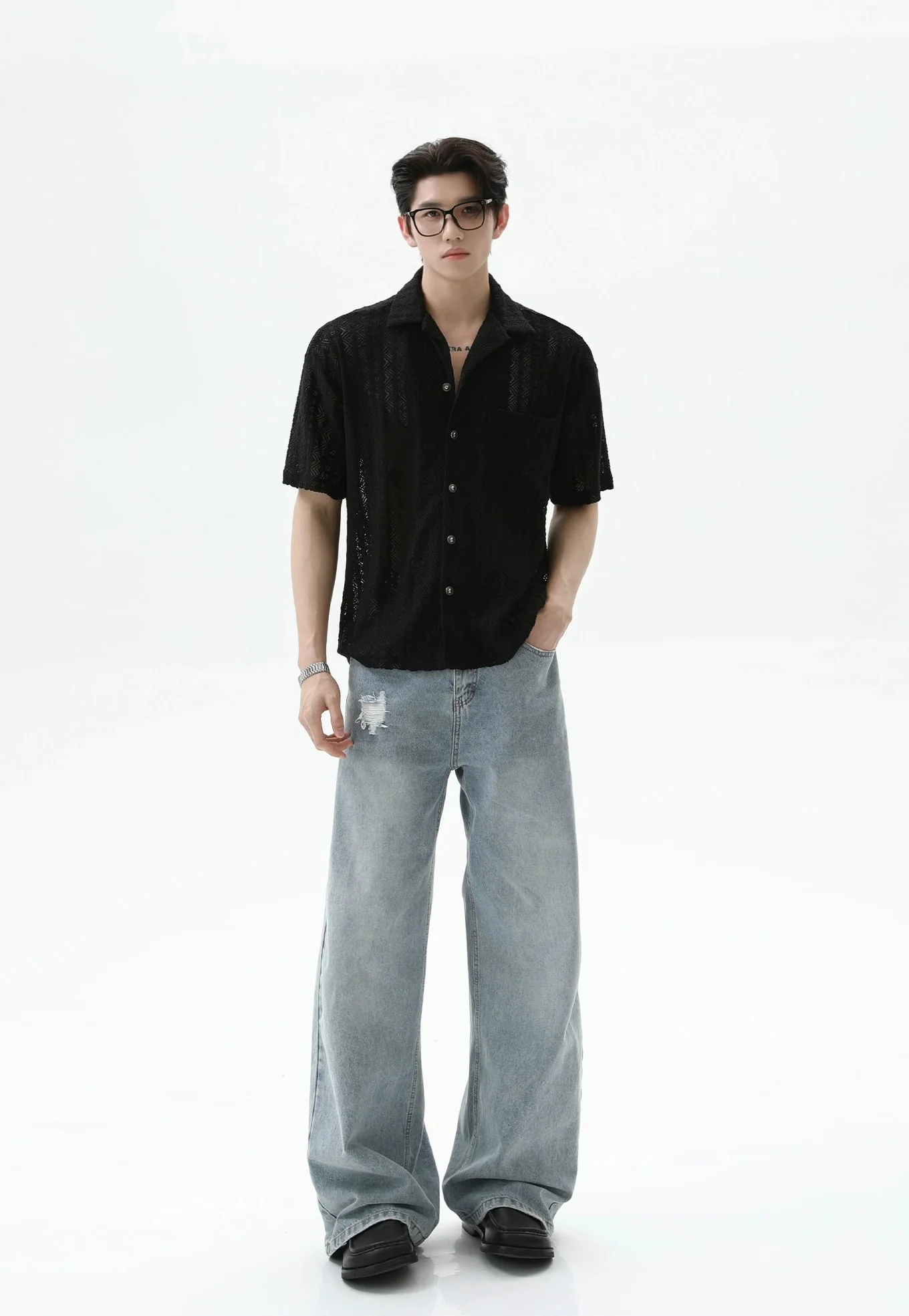 Button-Up Sheer Lace Shirt with Geometric Pattern - Image 11