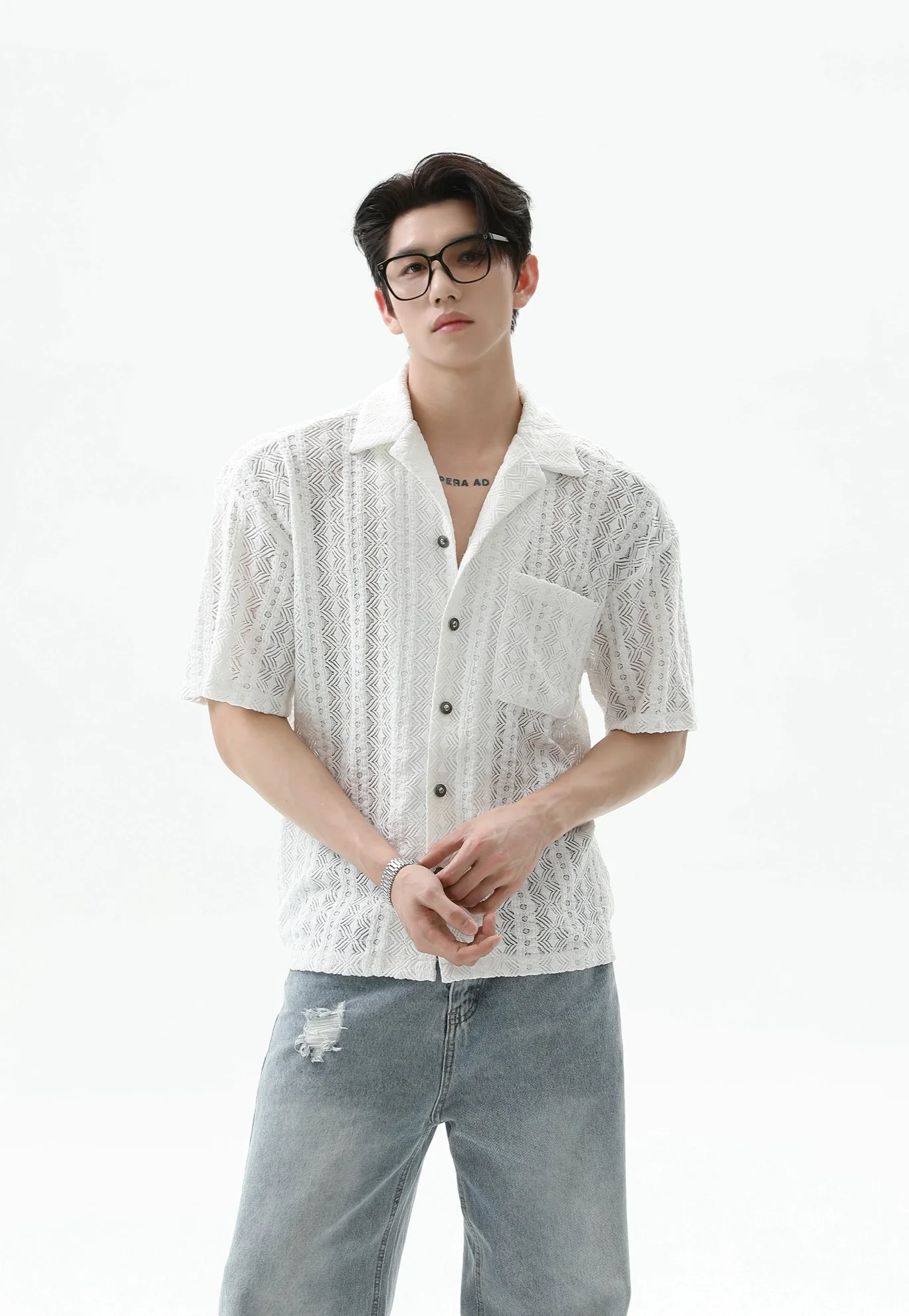 Button-Up Sheer Lace Shirt with Geometric Pattern - Image 2