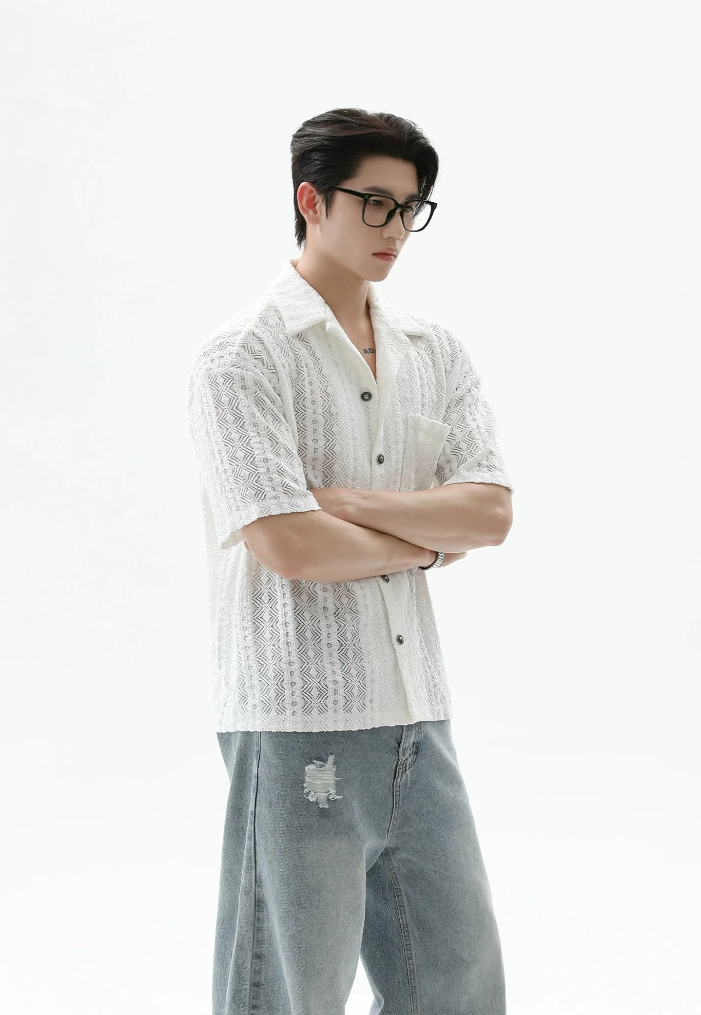 Button-Up Sheer Lace Shirt with Geometric Pattern - Image 3