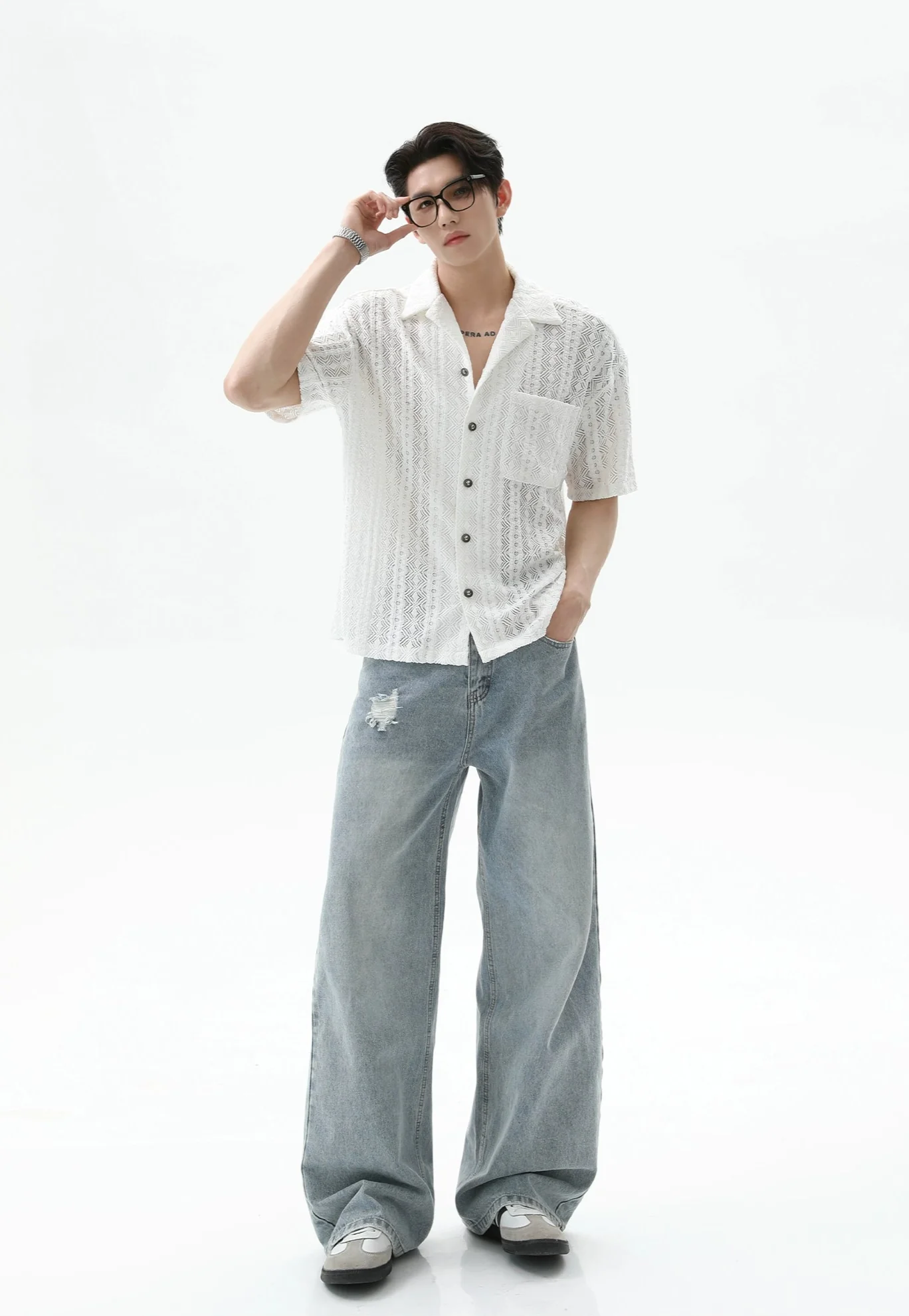 Button-Up Sheer Lace Shirt with Geometric Pattern - Image 5