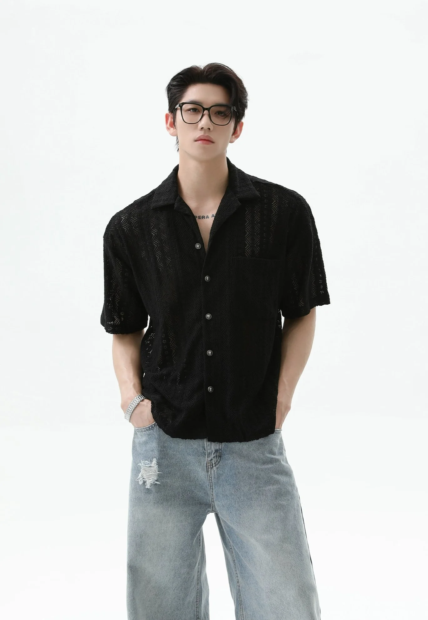 Button-Up Sheer Lace Shirt with Geometric Pattern - Image 6