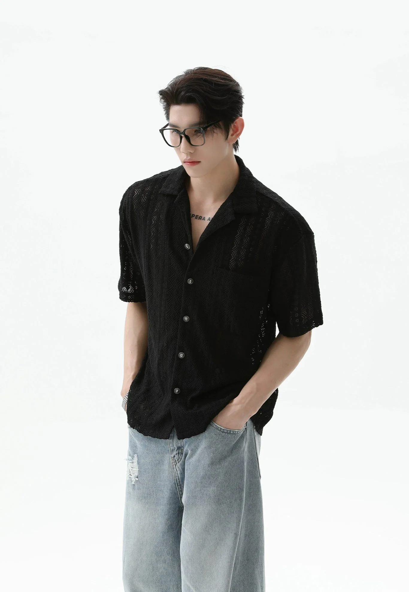 Button-Up Sheer Lace Shirt with Geometric Pattern - Image 7