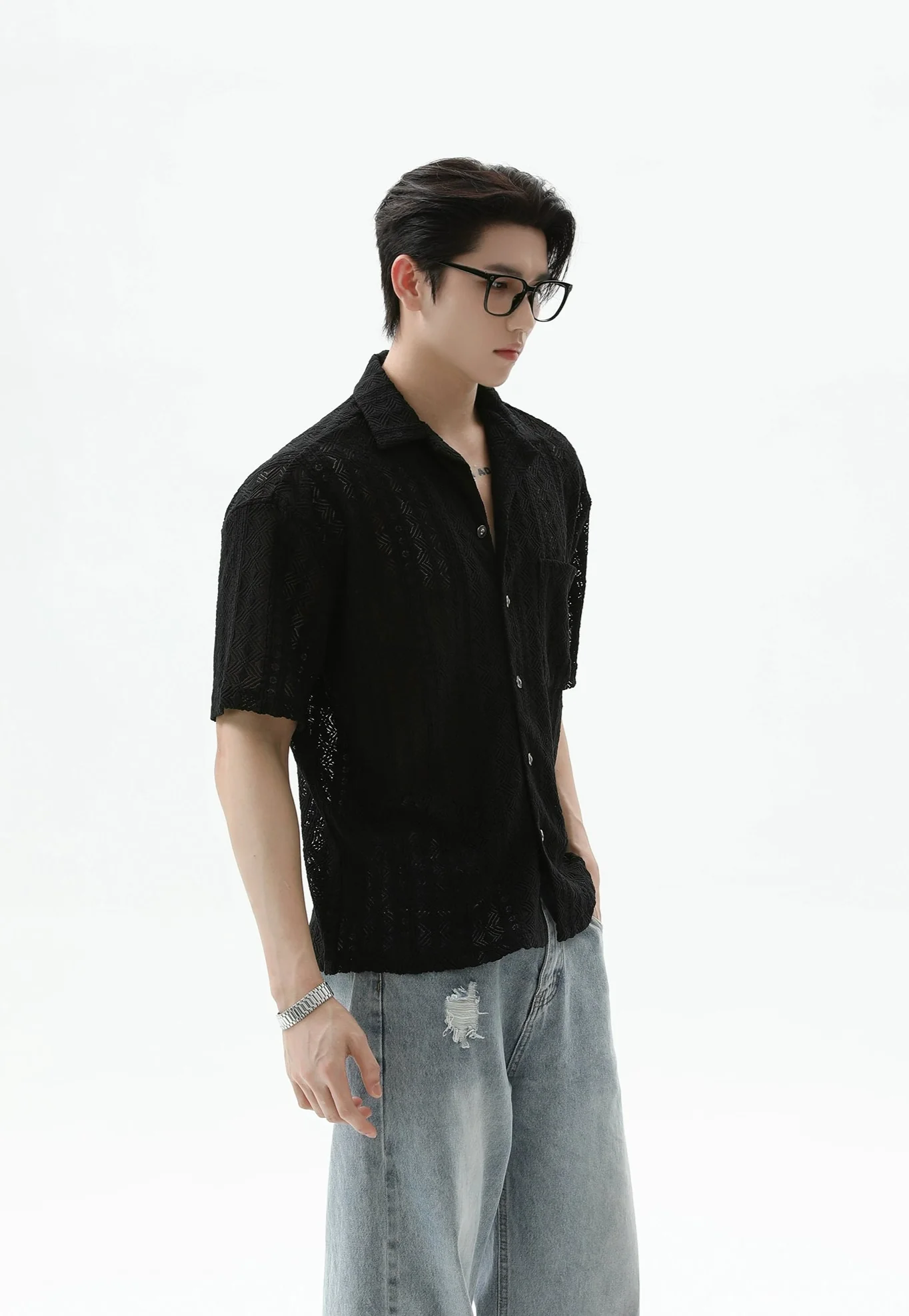 Button-Up Sheer Lace Shirt with Geometric Pattern - Image 8