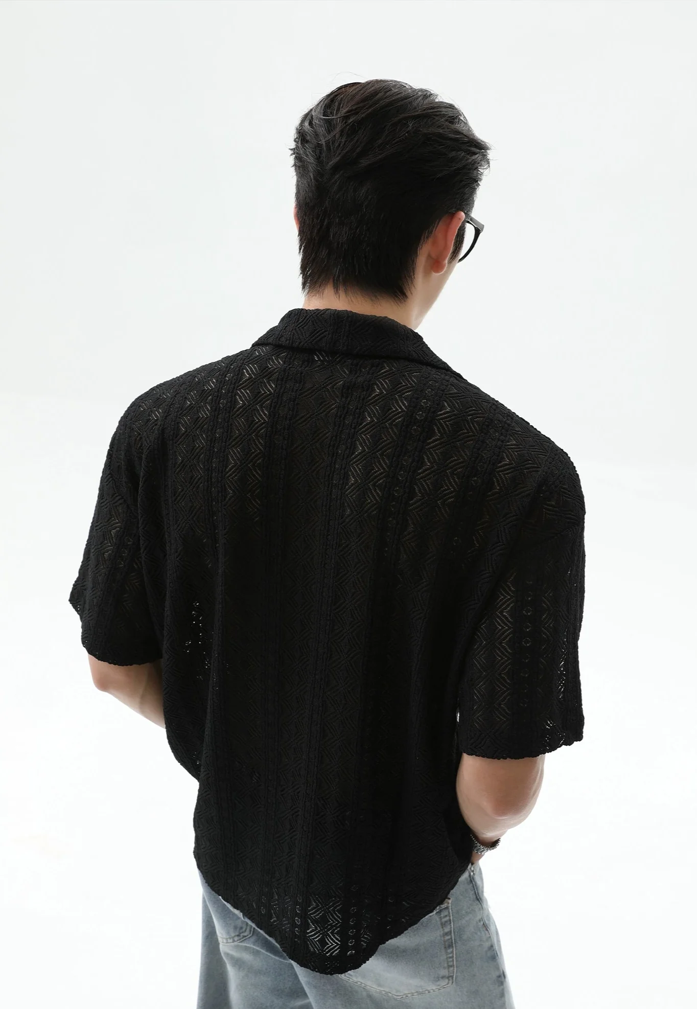 Button-Up Sheer Lace Shirt with Geometric Pattern - Image 9