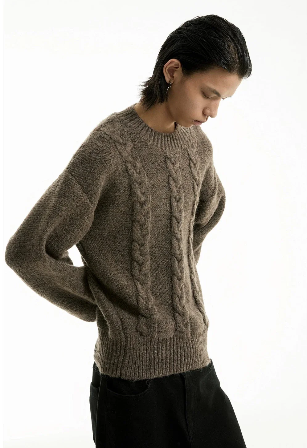 Cable Knit Crewneck Ribbed High-Hem Sweater - Image 3