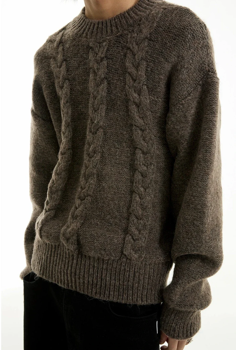 Cable Knit Crewneck Ribbed High-Hem Sweater - Image 5