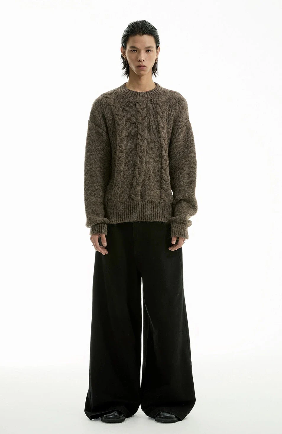 Cable Knit Crewneck Ribbed High-Hem Sweater - Image 6