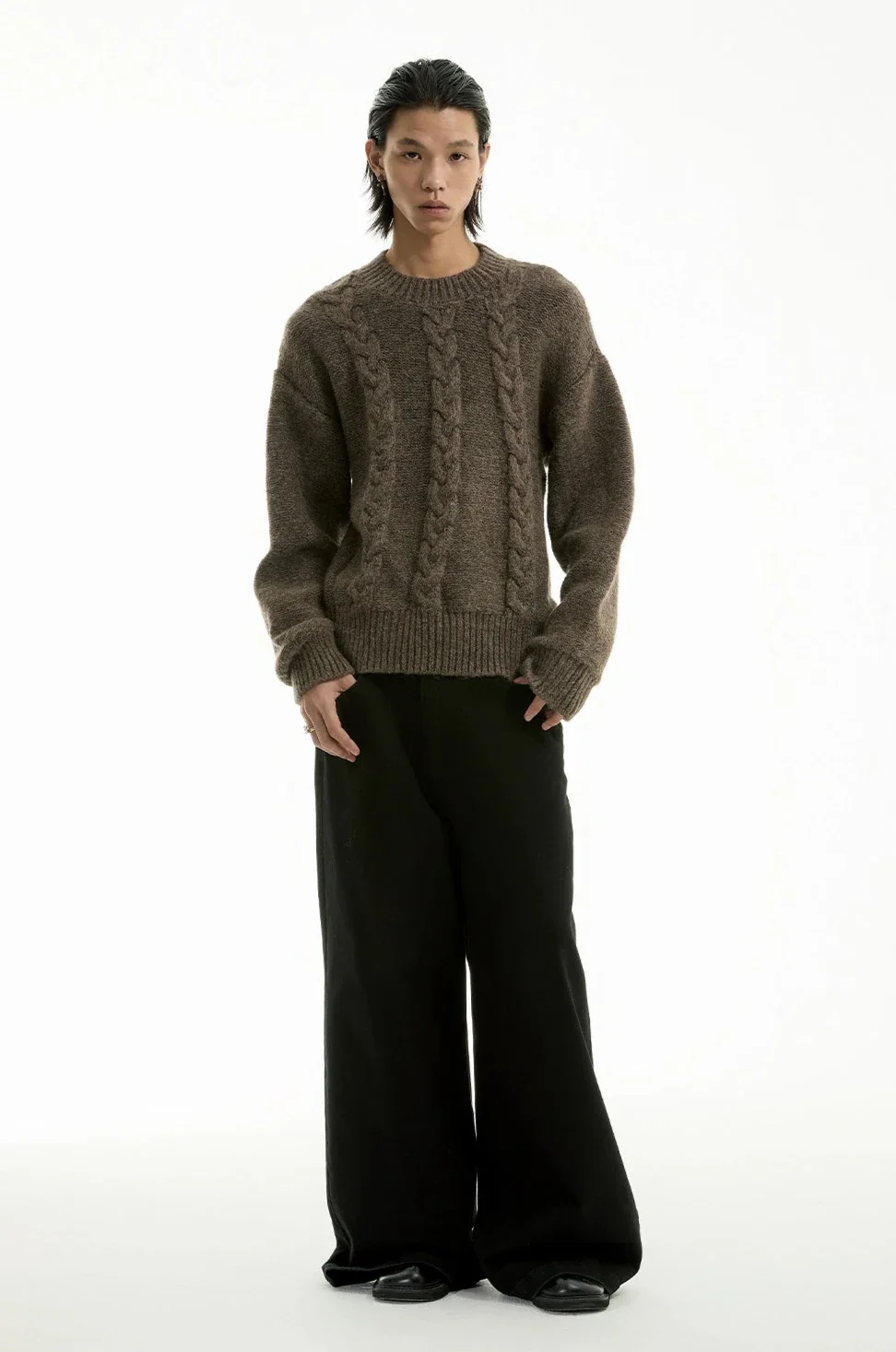 Cable Knit Crewneck Ribbed High-Hem Sweater - Image 7