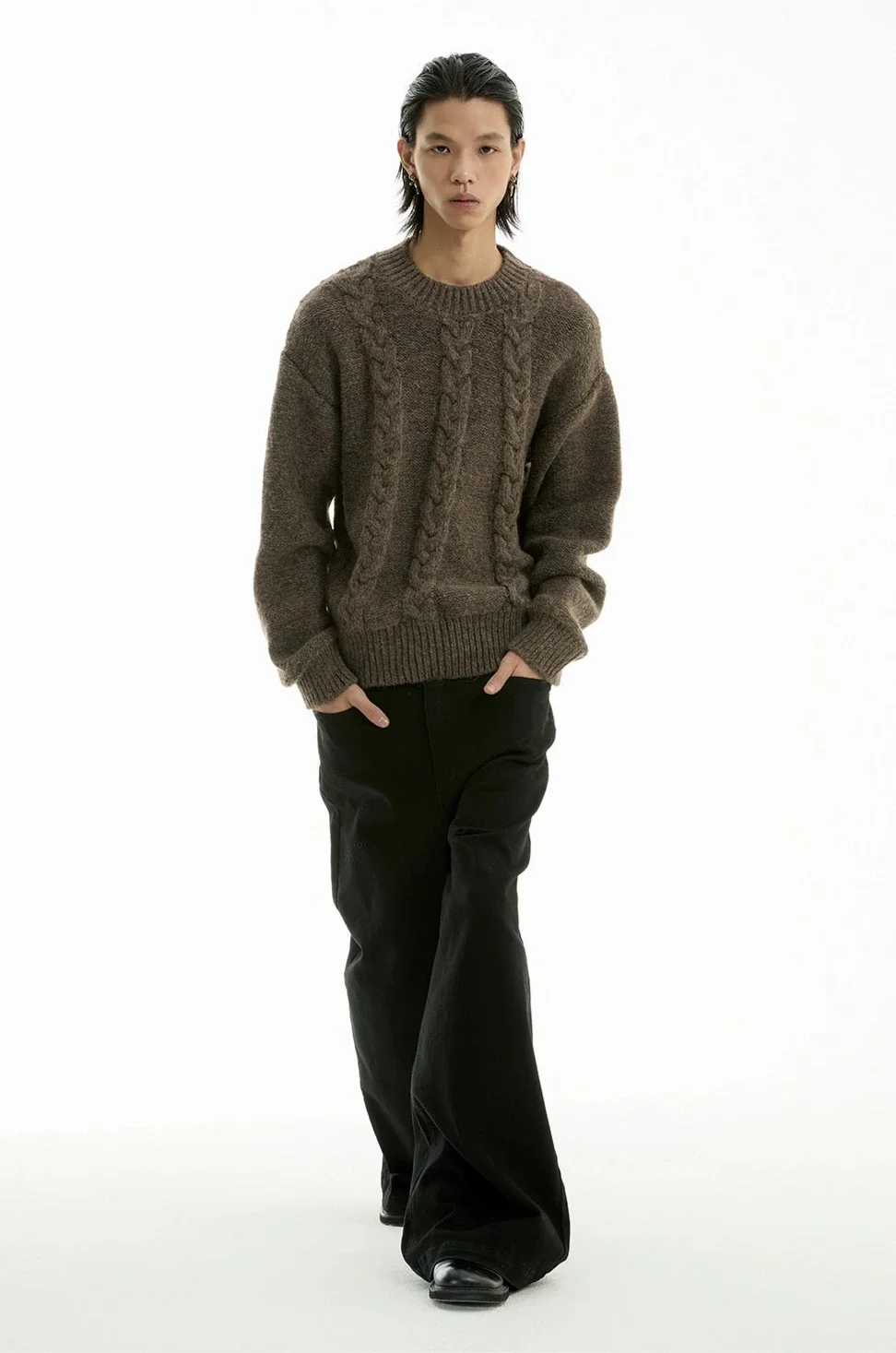 Cable Knit Crewneck Ribbed High-Hem Sweater - Image 8