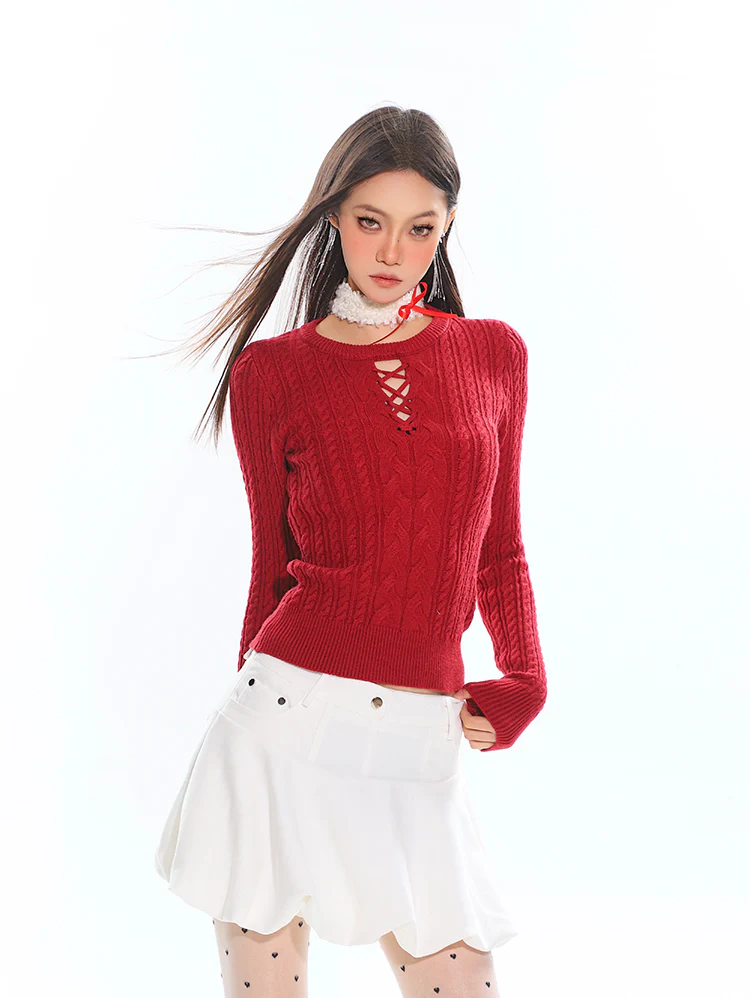 Cable Knit Cutout Long Sleeve Sweater Top - Image 10