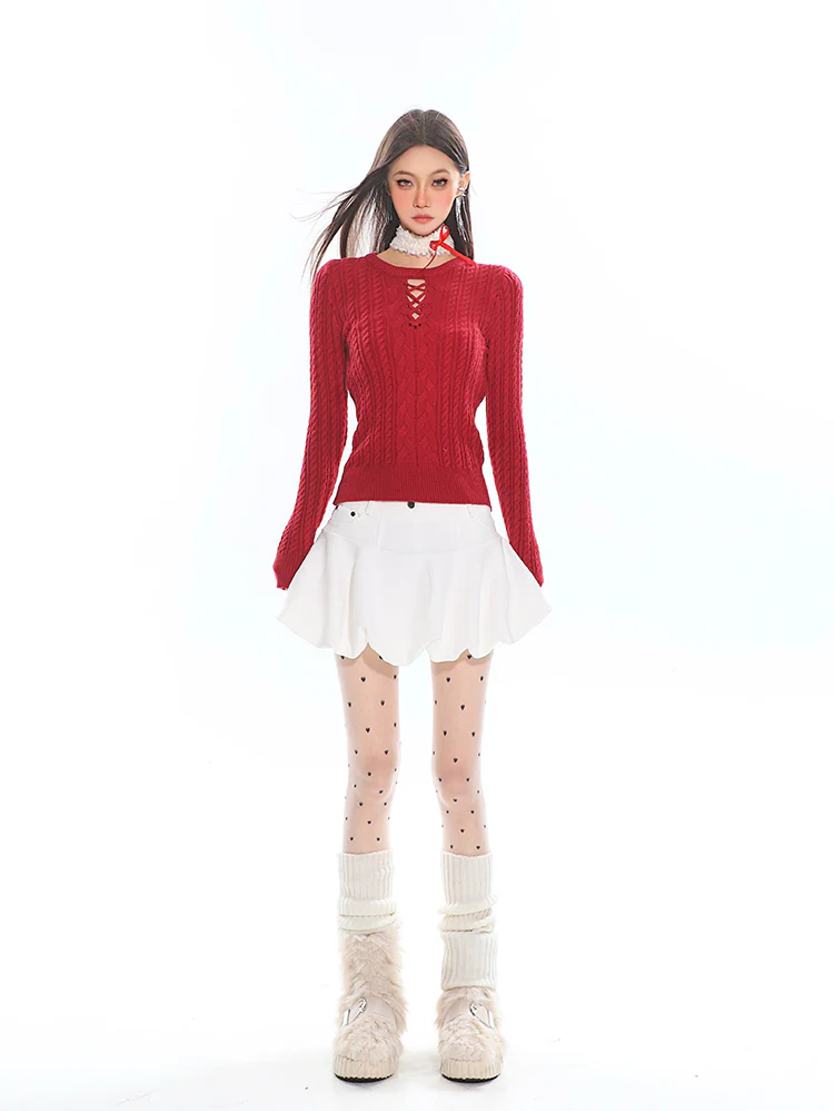 Cable Knit Cutout Long Sleeve Sweater Top - Image 11