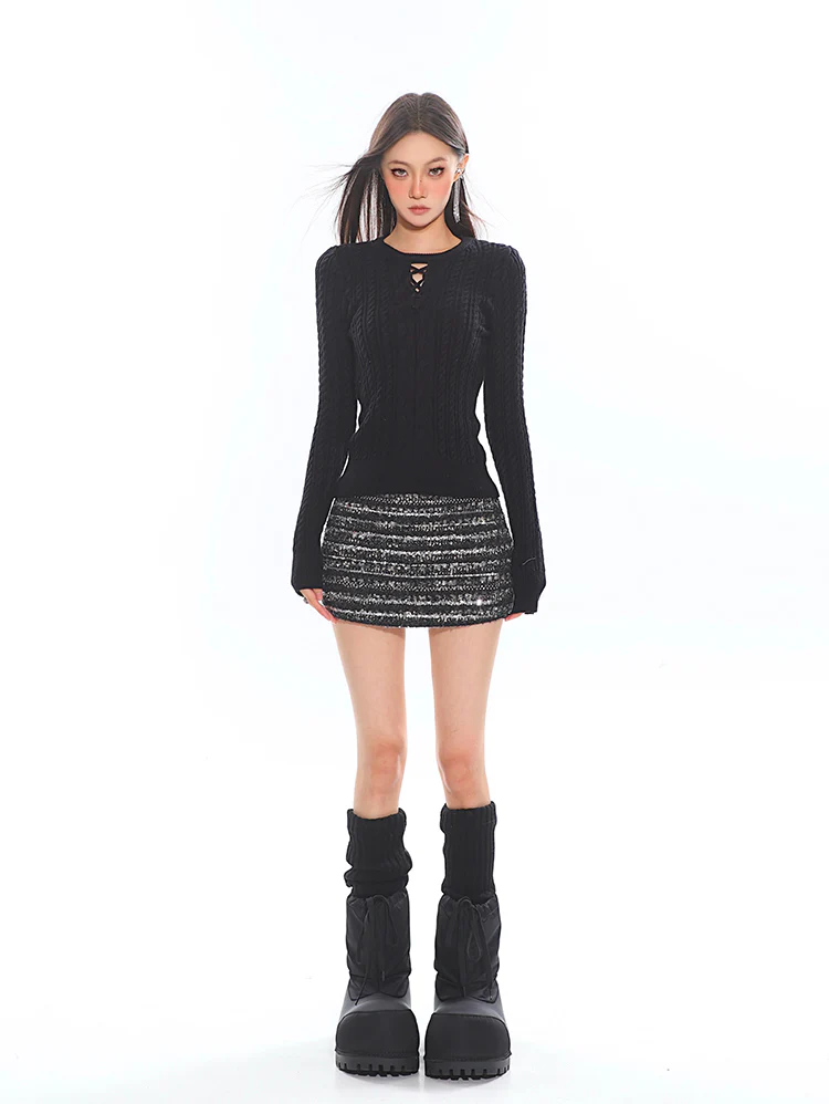 Cable Knit Cutout Long Sleeve Sweater Top - Image 17