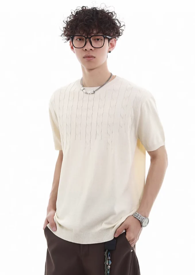 Cable-Knit Detail Ribbed Trim Short Sleeve Top - Image 2