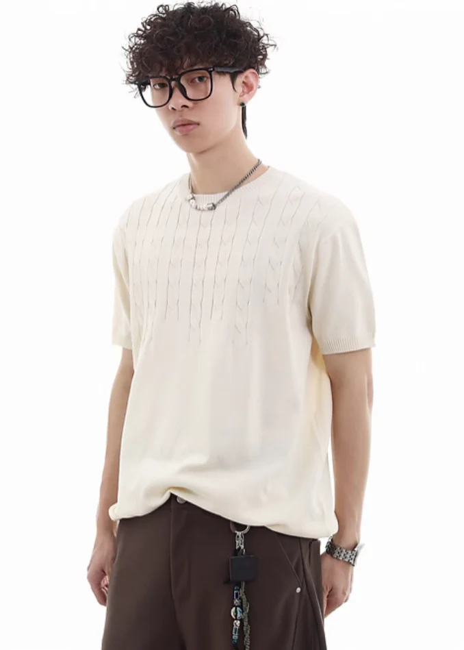 Cable-Knit Detail Ribbed Trim Short Sleeve Top - Image 3