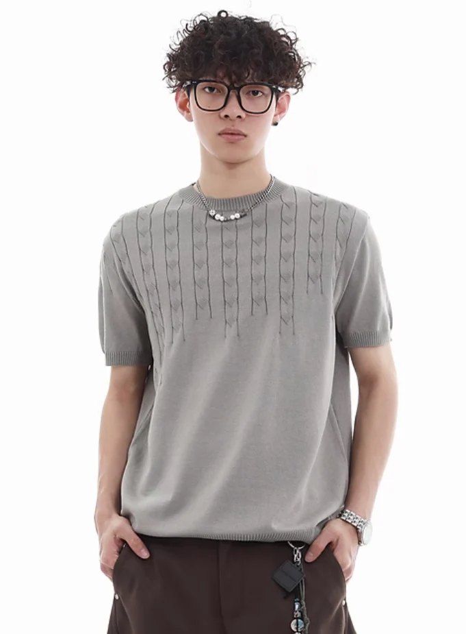Cable-Knit Detail Ribbed Trim Short Sleeve Top - Image 6
