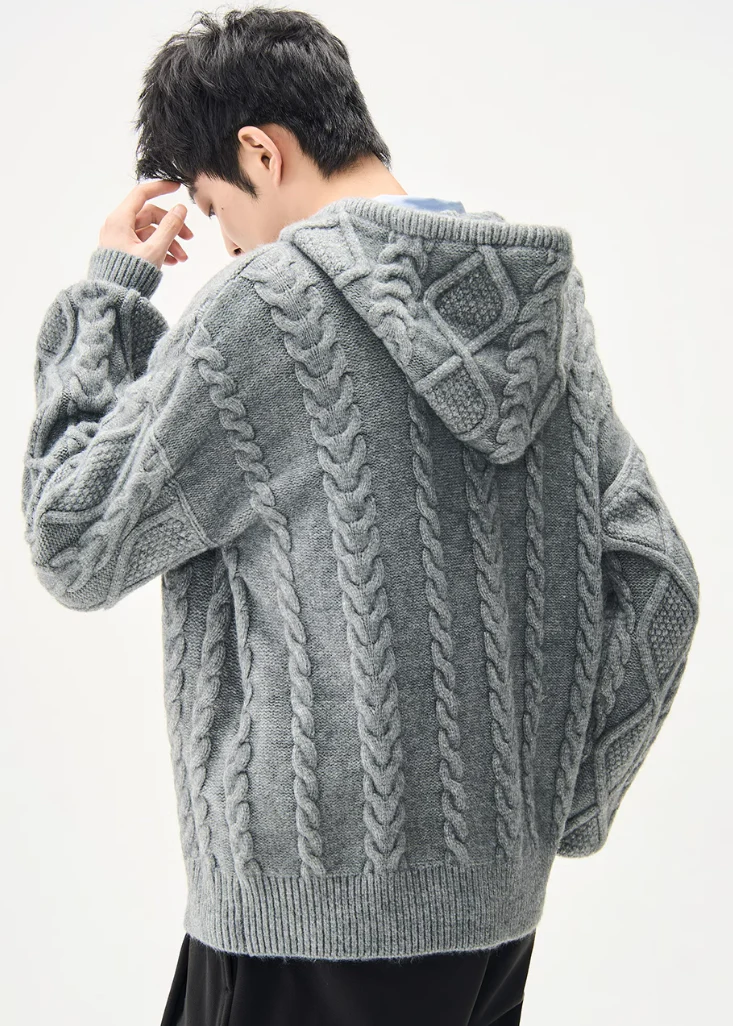 Cable Knit Hooded Zip Jacket with Pockets - Image 3