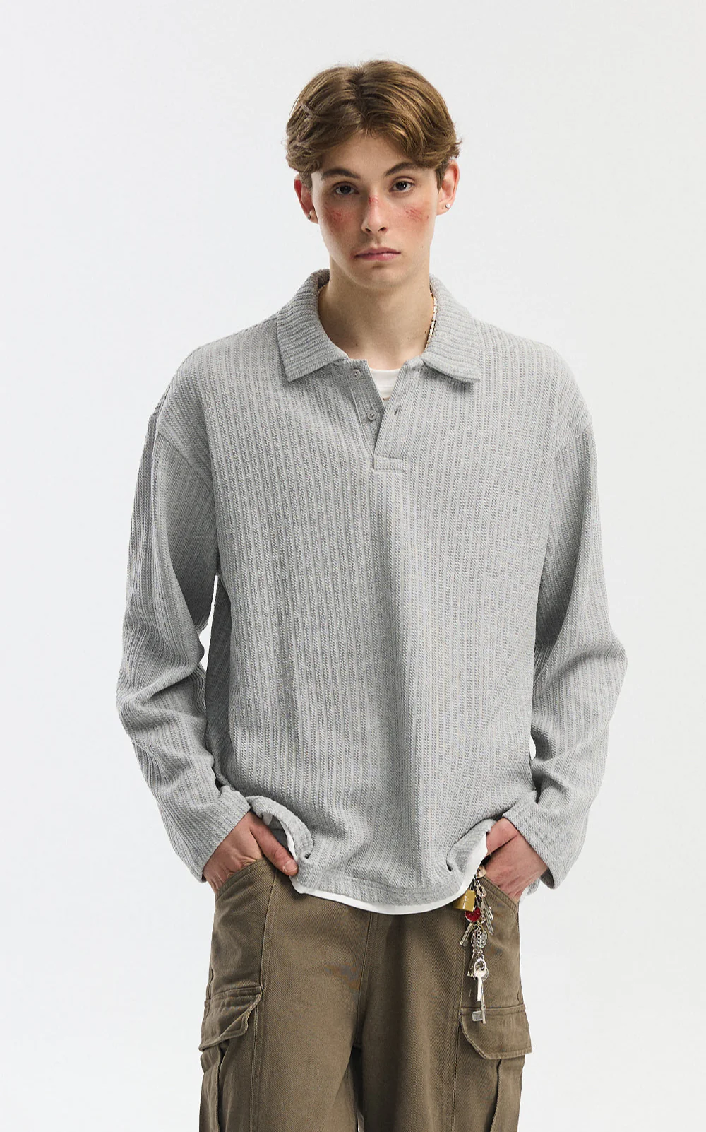Cable Knit Long Sleeve Polo Pullover Top - Image 2